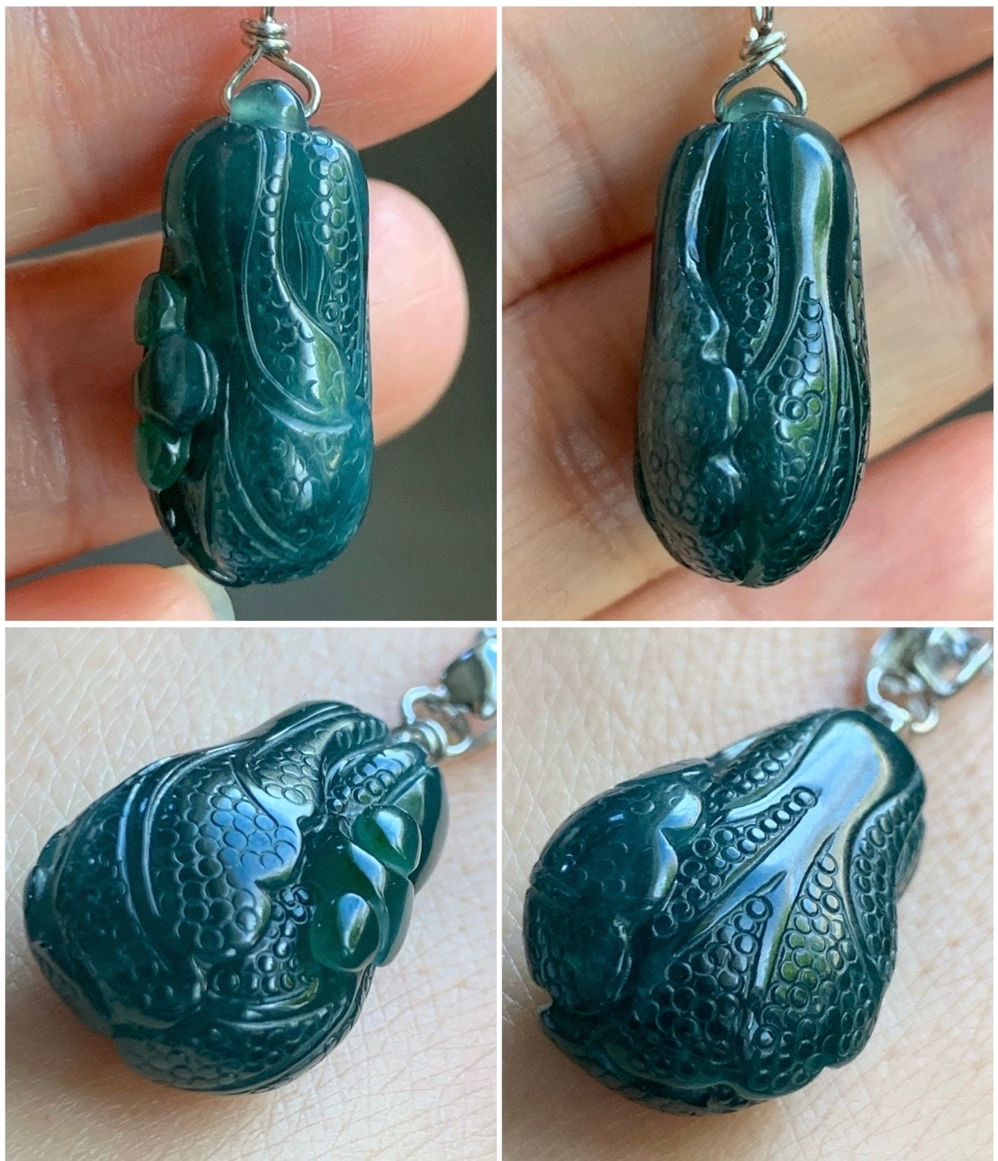Natural Guatemalan Icy Translucent Dark Teal Blue Green Marbled Jadeite Carved Napa Cabbage Ruyi Pendant Sterling Silver 天然冰危深蓝绿翡翠白菜百财如意吊坠