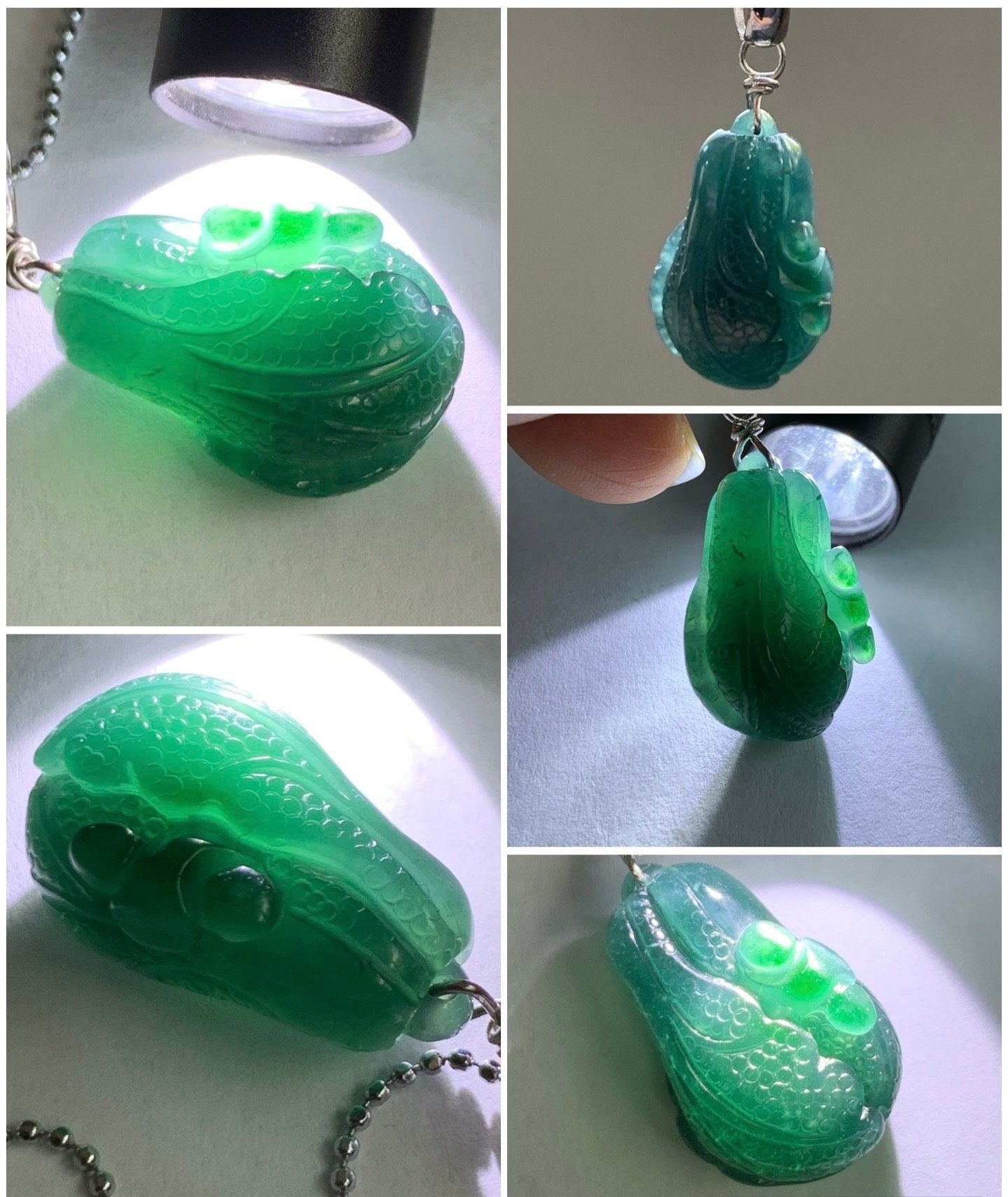 Natural Guatemalan Icy Translucent Dark Teal Blue Green Marbled Jadeite Carved Napa Cabbage Ruyi Pendant Sterling Silver 天然冰危深蓝绿翡翠白菜百财如意吊坠