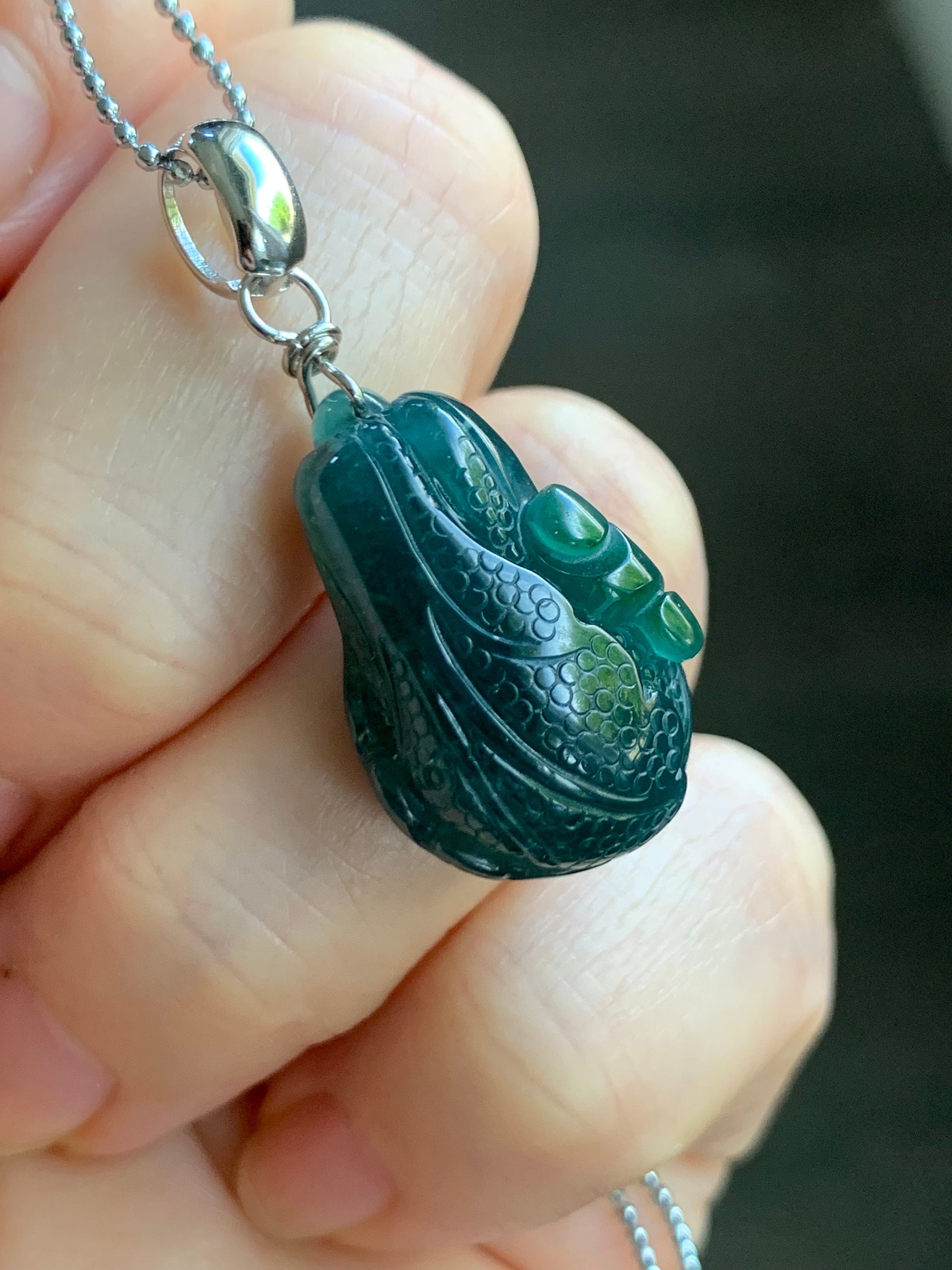 Natural Guatemalan Icy Translucent Dark Teal Blue Green Marbled Jadeite Carved Napa Cabbage Ruyi Pendant Sterling Silver 天然冰危深蓝绿翡翠白菜百财如意吊坠