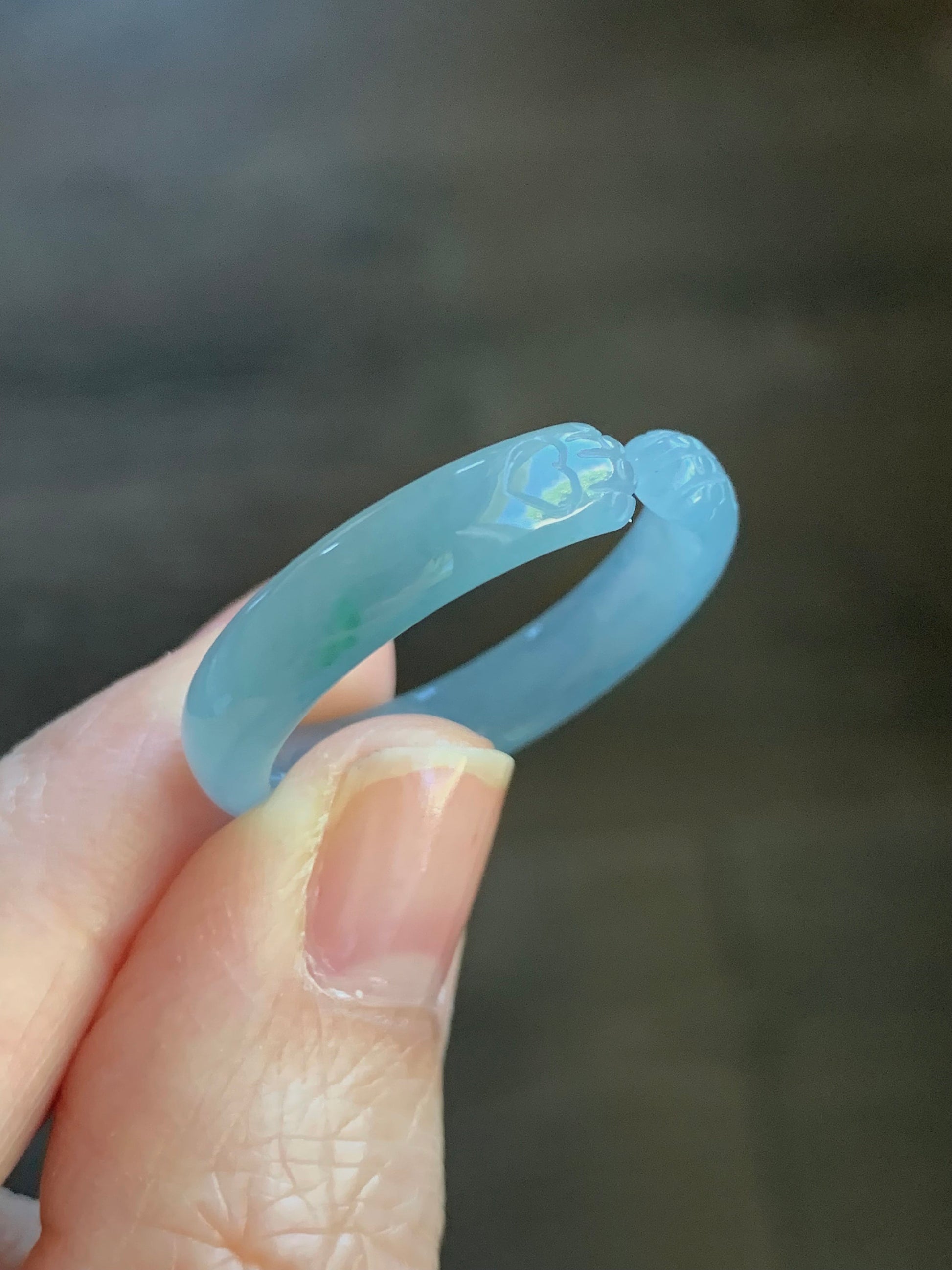 Natural Guatemalan Icy Translucent Gelatinous Light Dusty Blue Jadeite Open Band Ring size 12.25 天然冰危淡蓝翡翠开口戒圈