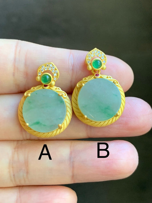 Natural Burmese Moxisha Icy Green Marbled Jadeite Circle Blessing Amulet Pendant Sterling Silver Yellow Gold Finish 天然缅甸莫西沙冰飘花翡翠无事牌镶嵌吊坠