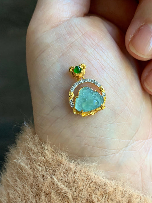 Petite Natural Guatemalan Premium Icy Highly Translucent Teal Blue Jadeite Buddha Pendant Sterling Silver 天然高冰危蓝翡翠小佛公银镶吊坠