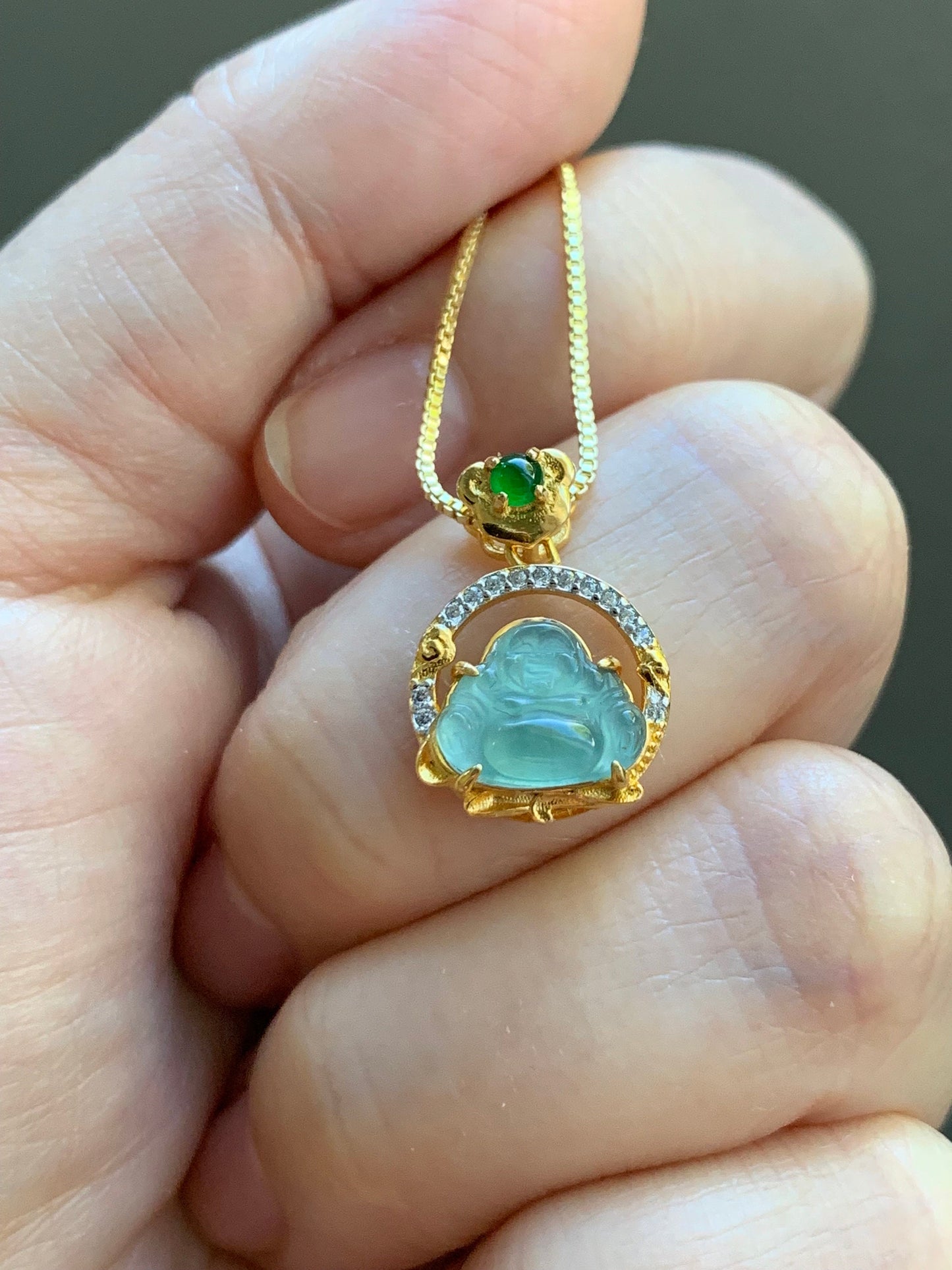 Petite Natural Guatemalan Premium Icy Highly Translucent Teal Blue Jadeite Buddha Pendant Sterling Silver 天然高冰危蓝翡翠小佛公银镶吊坠