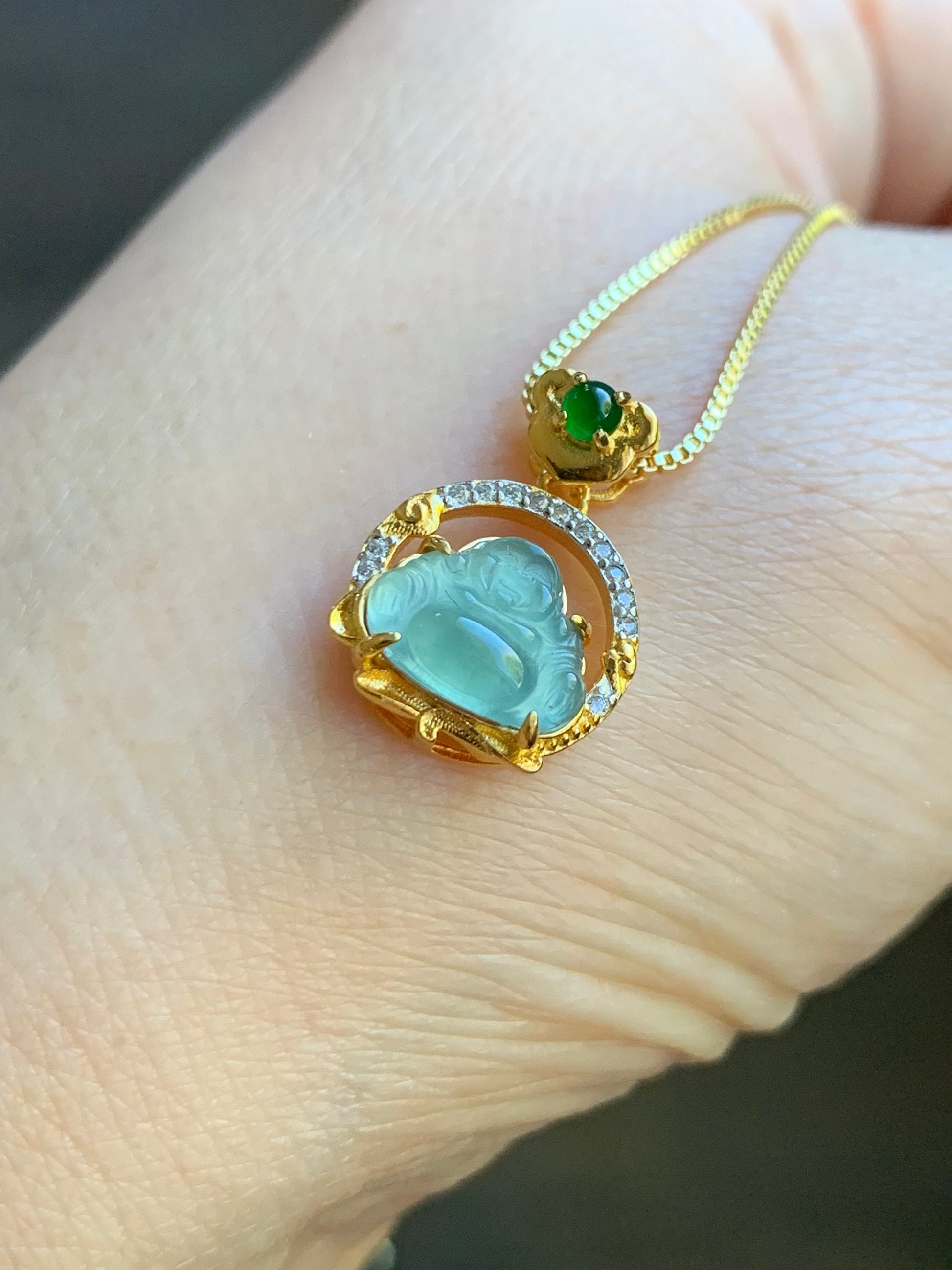 Petite Natural Guatemalan Premium Icy Highly Translucent Teal Blue Jadeite Buddha Pendant Sterling Silver 天然高冰危蓝翡翠小佛公银镶吊坠