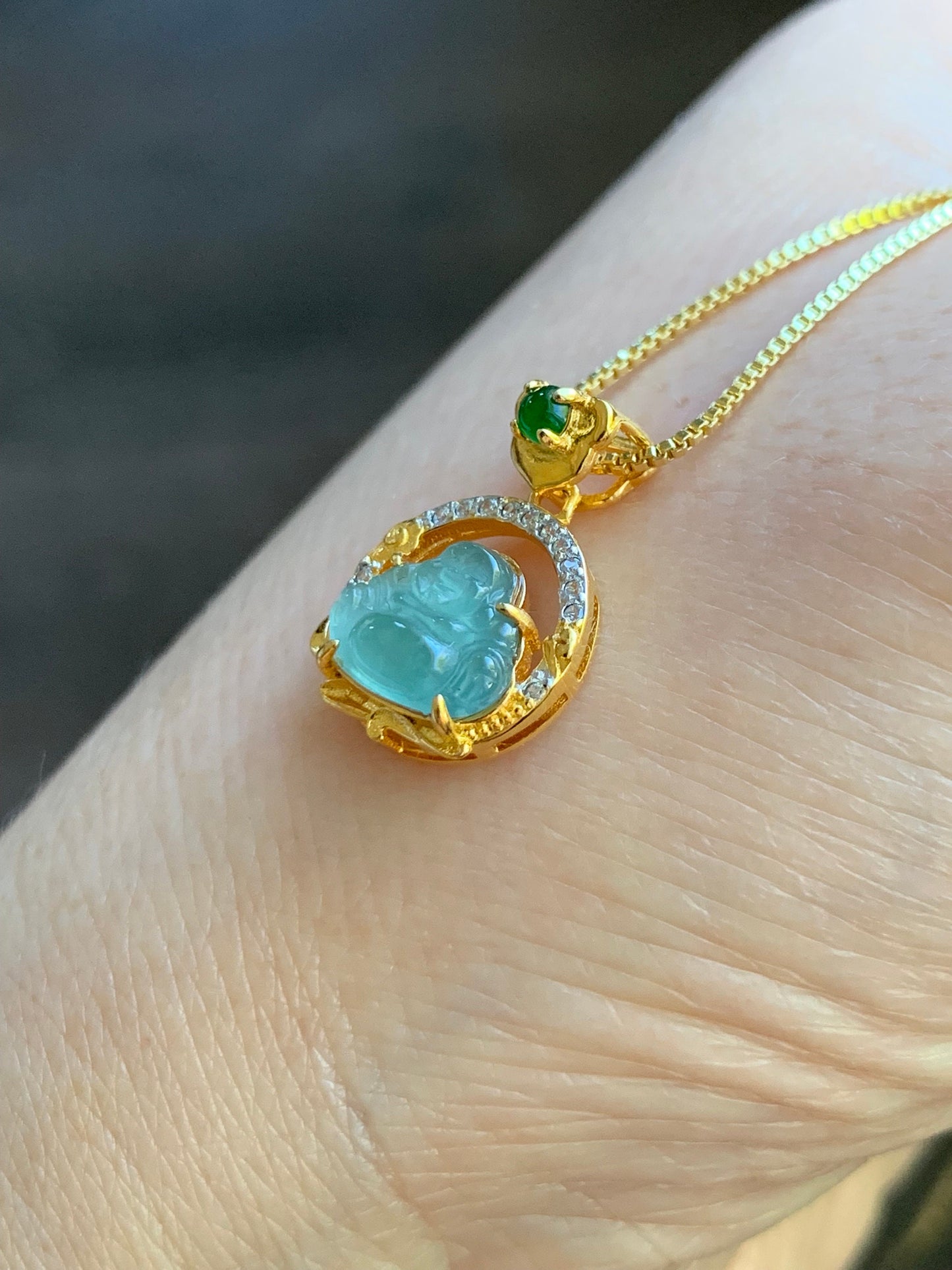 Petite Natural Guatemalan Premium Icy Highly Translucent Teal Blue Jadeite Buddha Pendant Sterling Silver 天然高冰危蓝翡翠小佛公银镶吊坠