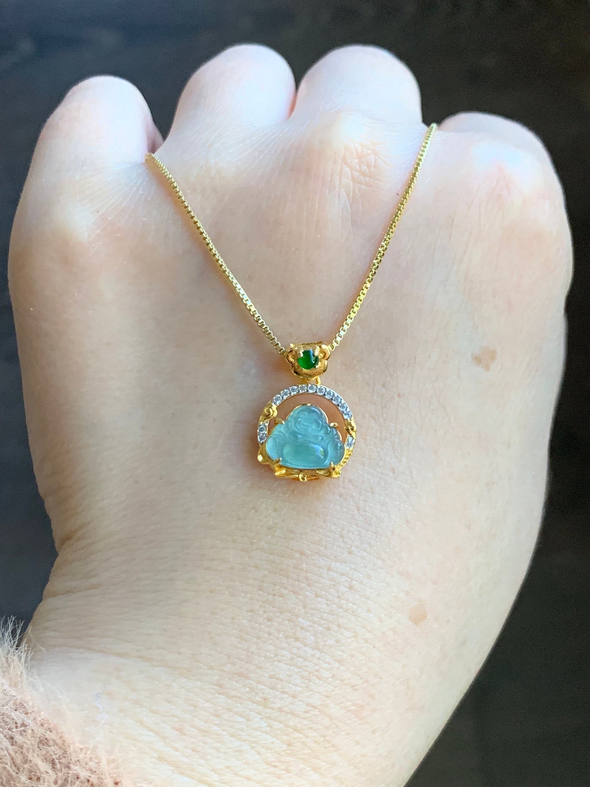 Petite Natural Guatemalan Premium Icy Highly Translucent Teal Blue Jadeite Buddha Pendant Sterling Silver 天然高冰危蓝翡翠小佛公银镶吊坠