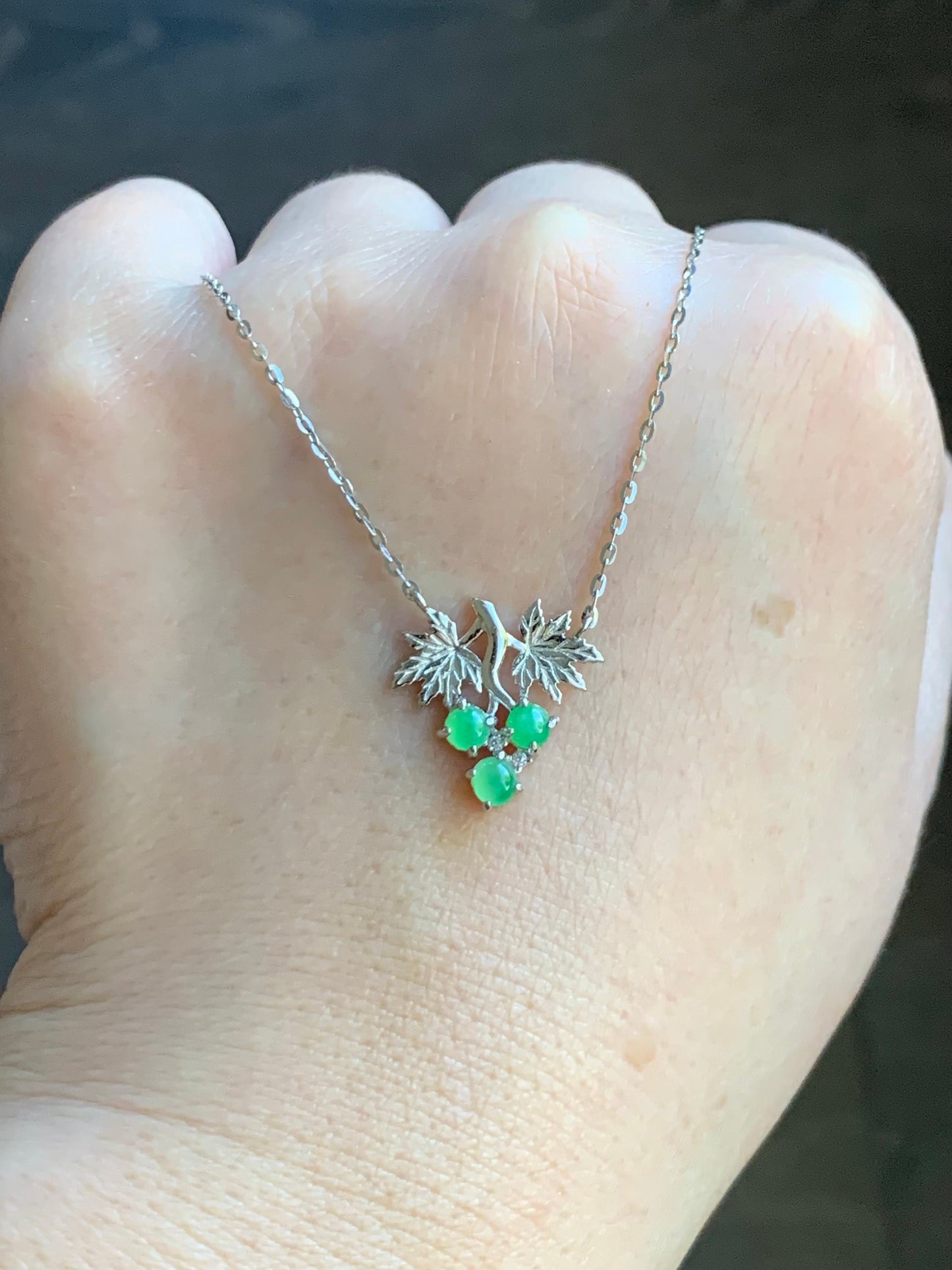 Natural Burmese Icy Translucent Apple Green Jadeite Grapes Pendant Necklace 16”-18” adjustable S925 Sterling Silver 天然缅甸冰果绿翡翠葡萄银镶吊坠锁骨链