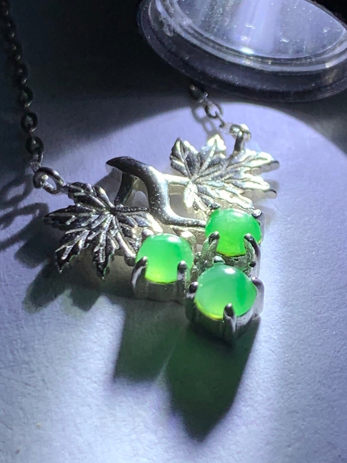 Natural Burmese Icy Translucent Apple Green Jadeite Grapes Pendant Necklace 16”-18” adjustable S925 Sterling Silver 天然缅甸冰果绿翡翠葡萄银镶吊坠锁骨链