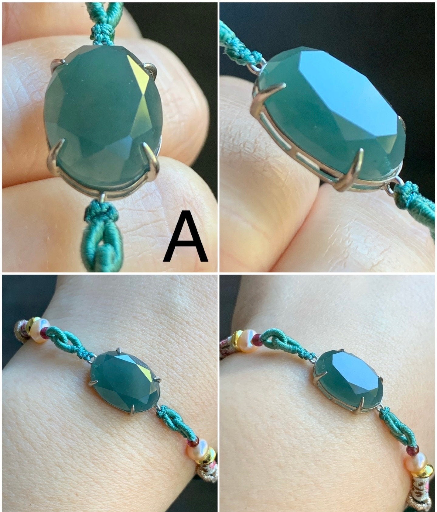 Natural Guatemalan Icy Translucent Dark Teal Green Jadeite Faceted Oval Cabochon Rope Bracelet Adjustable Sterling Silver 天然冰危湖水绿切割面翡翠手绳