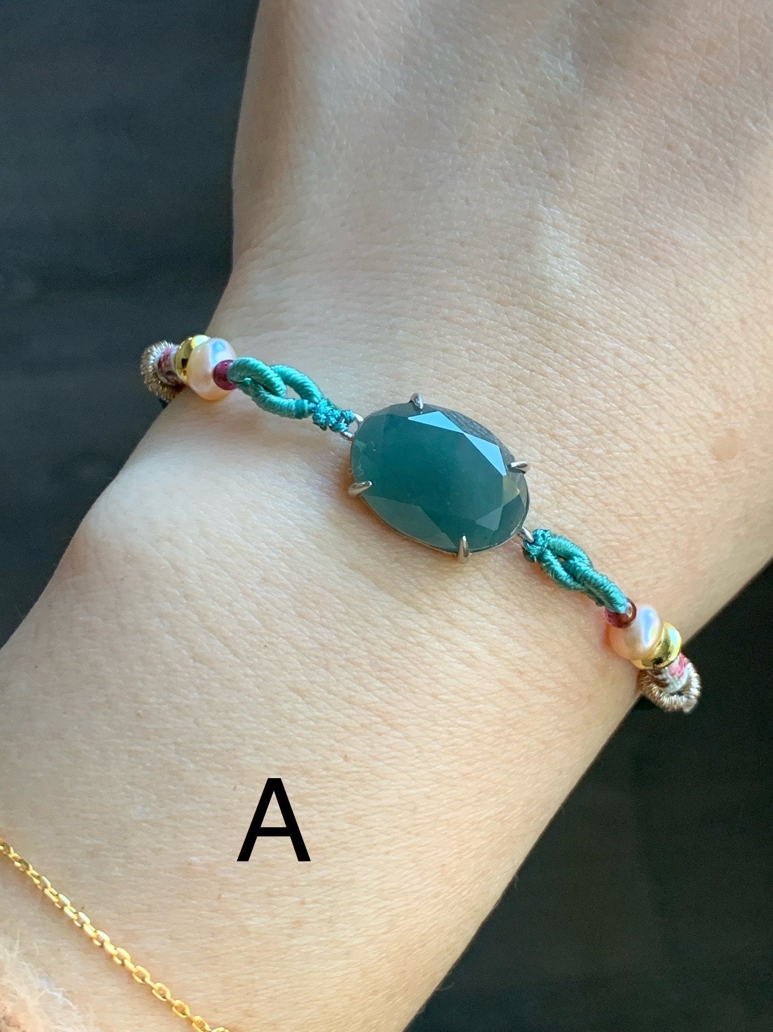 Natural Guatemalan Icy Translucent Dark Teal Green Jadeite Faceted Oval Cabochon Rope Bracelet Adjustable Sterling Silver 天然冰危湖水绿切割面翡翠手绳