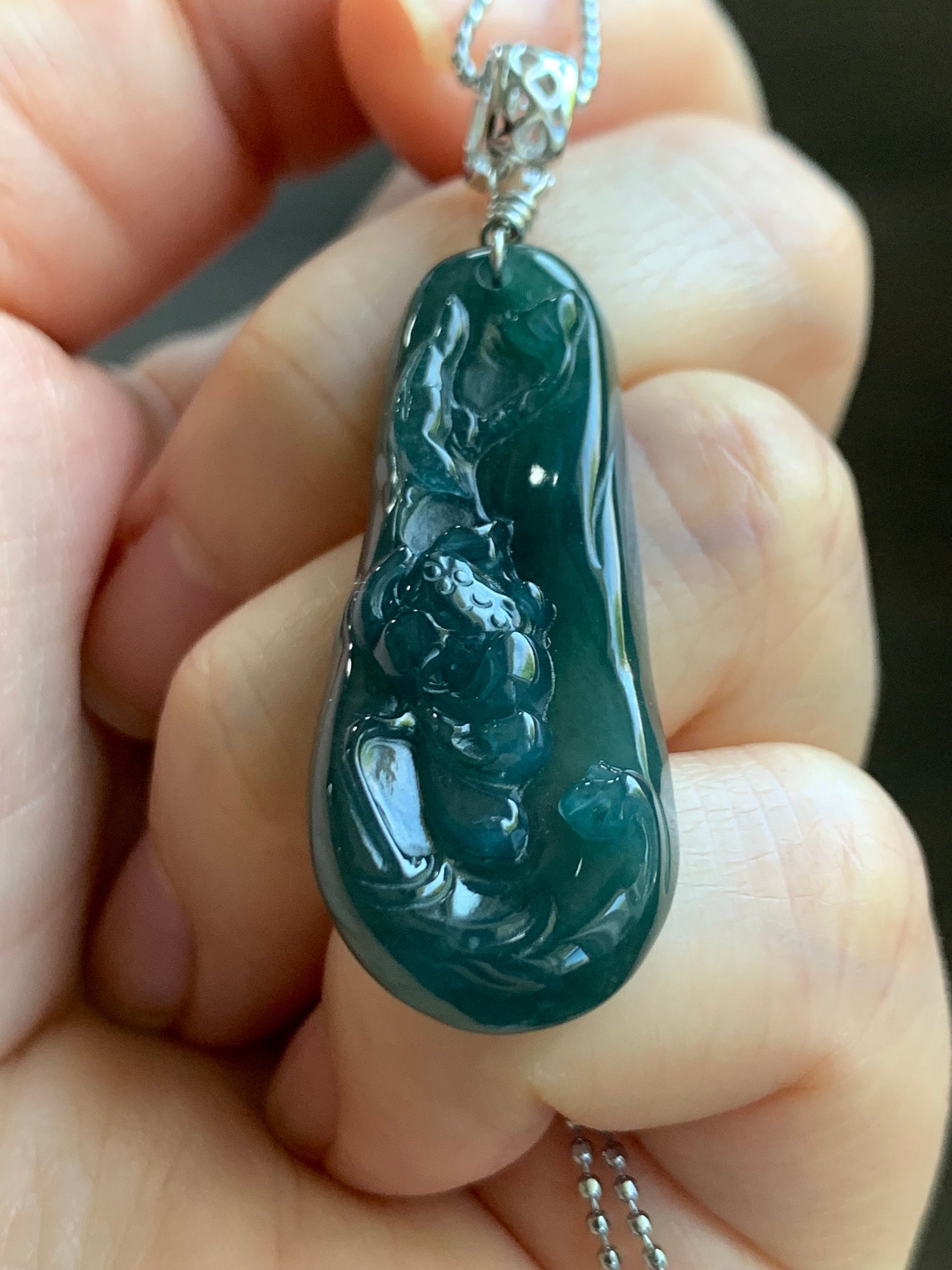 Natural Guatemalan Icy Translucent Deep Teal Blue Jadeite Carved Lotus Flower Pendant Sterling Silver Bail 6g 天然冰危湖水蓝翡翠荷花吊坠 WLH113