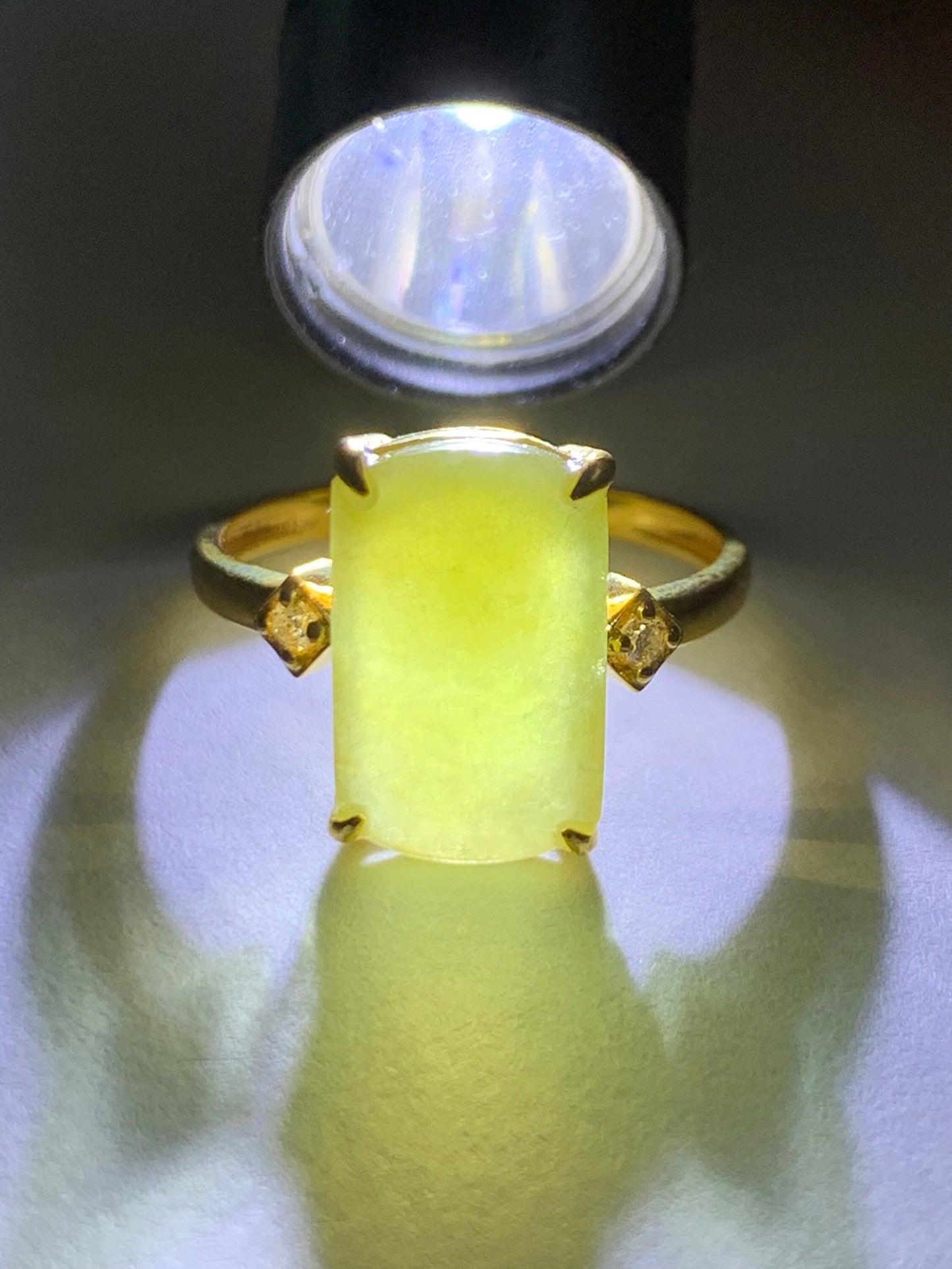 Certified Natural Burmese Icy Translucent Yellow Jadeite Saddle Ring Size 7 18K Yellow Gold & Diamonds 天然老种缅甸冰寿黄翡翠马鞍钻石镶嵌戒指