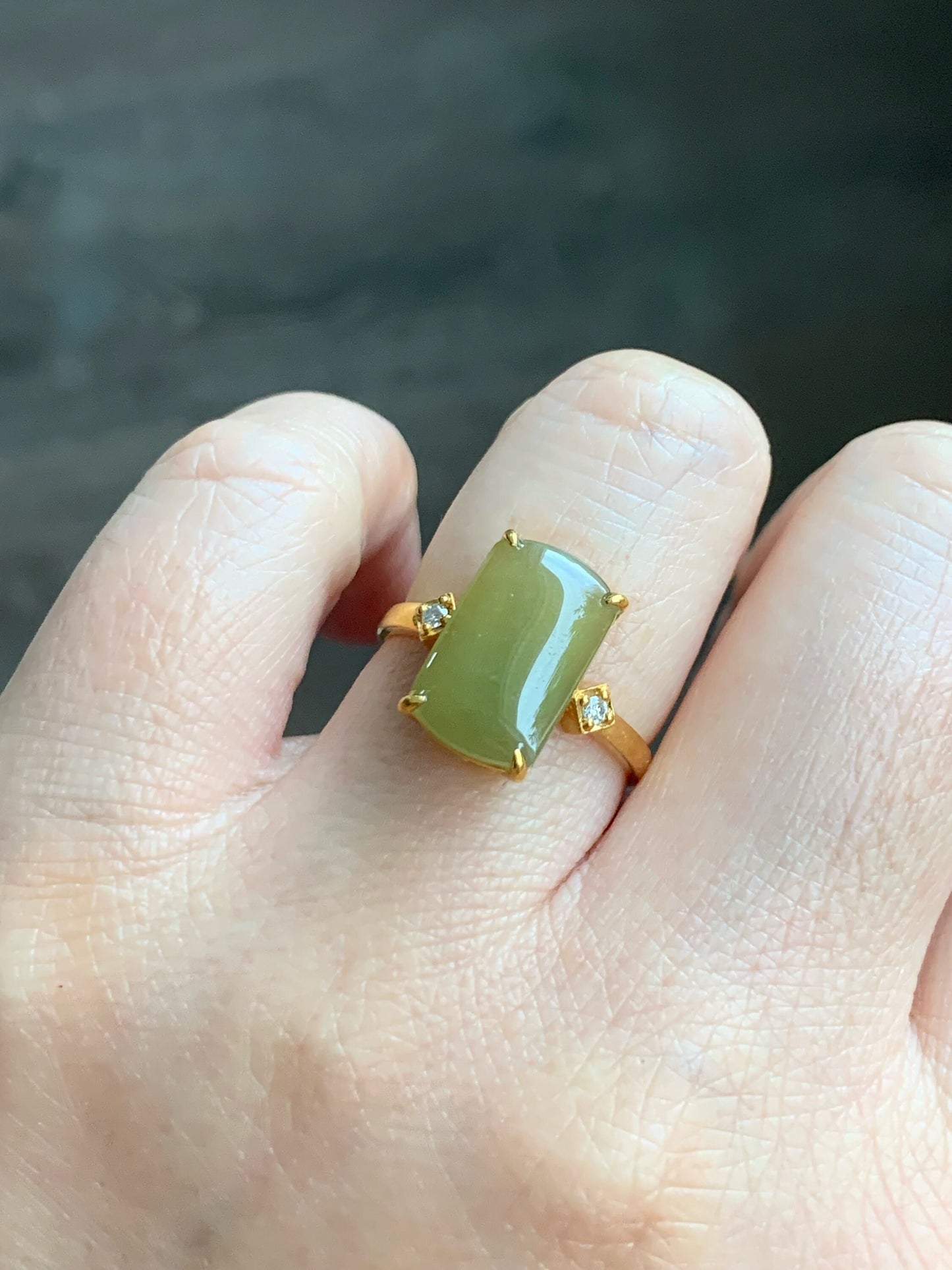 Certified Natural Burmese Icy Translucent Yellow Jadeite Saddle Ring Size 7 18K Yellow Gold & Diamonds 天然老种缅甸冰寿黄翡翠马鞍钻石镶嵌戒指