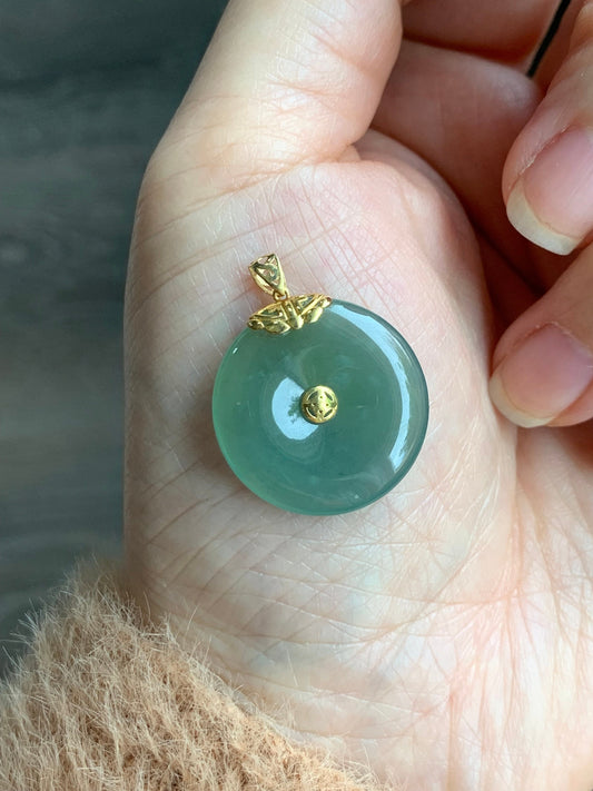 Natural Guatemalan Icy Translucent Teal Green Jadeite Ping An Kou Circle Pendant 18K Yellow Gold Setting 天然冰危冰胶晴绿翡翠平安扣18K镶嵌吊坠