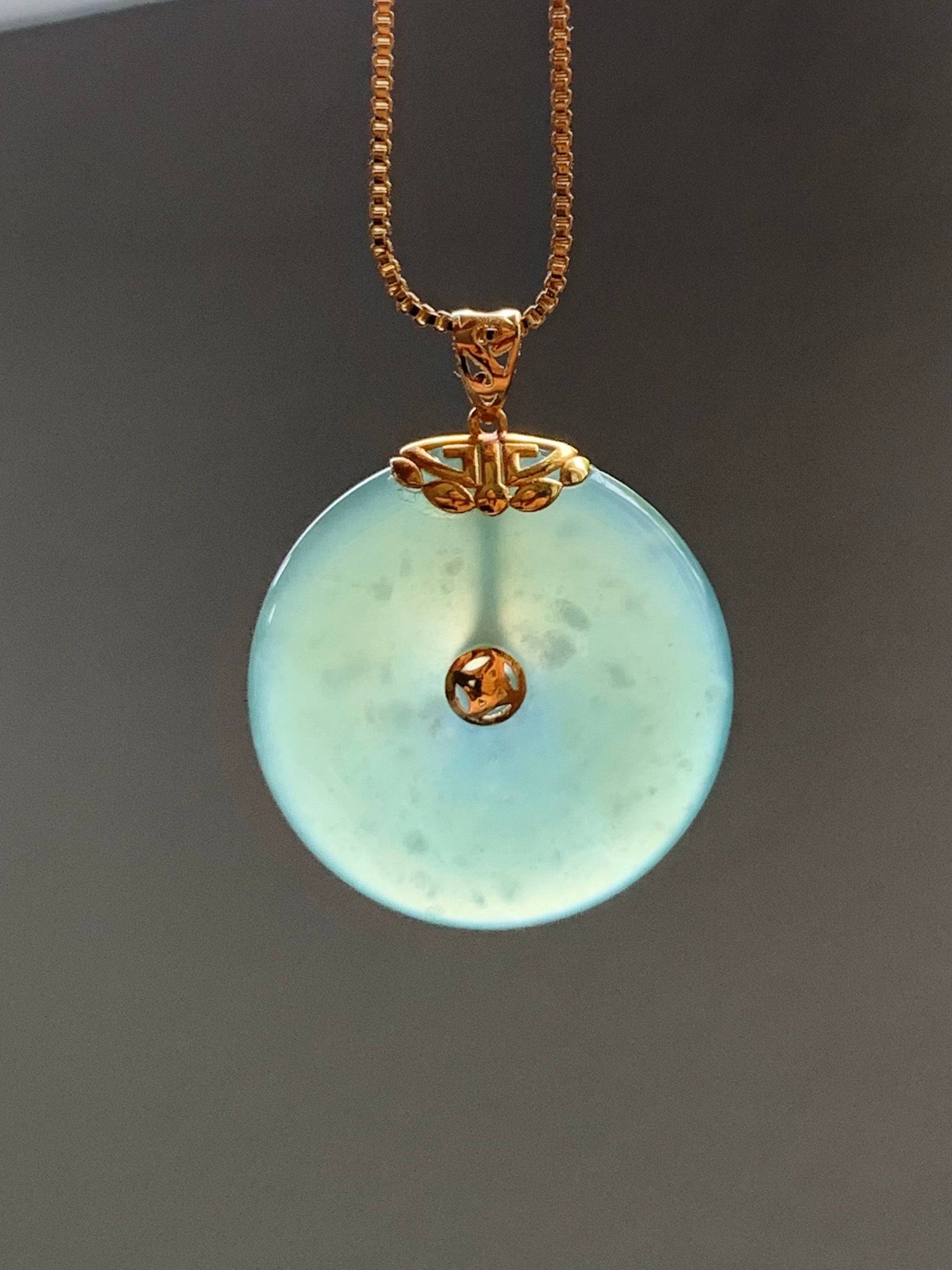 Natural Guatemalan Icy Translucent Teal Green Jadeite Ping An Kou Circle Pendant 18K Yellow Gold Setting 天然冰危冰胶晴绿翡翠平安扣18K镶嵌吊坠