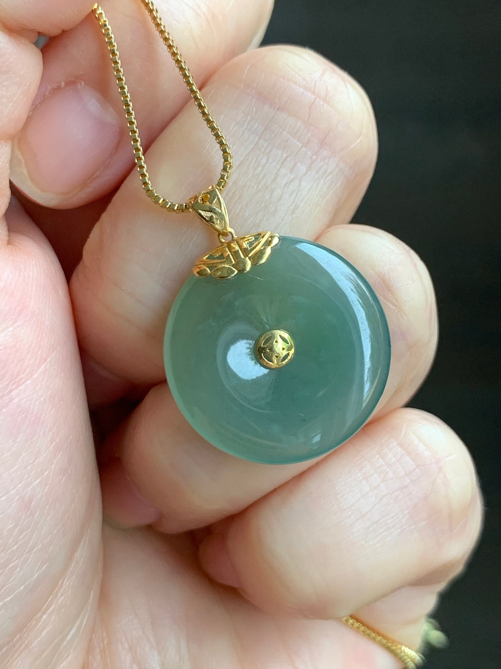 Natural Guatemalan Icy Translucent Teal Green Jadeite Ping An Kou Circle Pendant 18K Yellow Gold Setting 天然冰危冰胶晴绿翡翠平安扣18K镶嵌吊坠