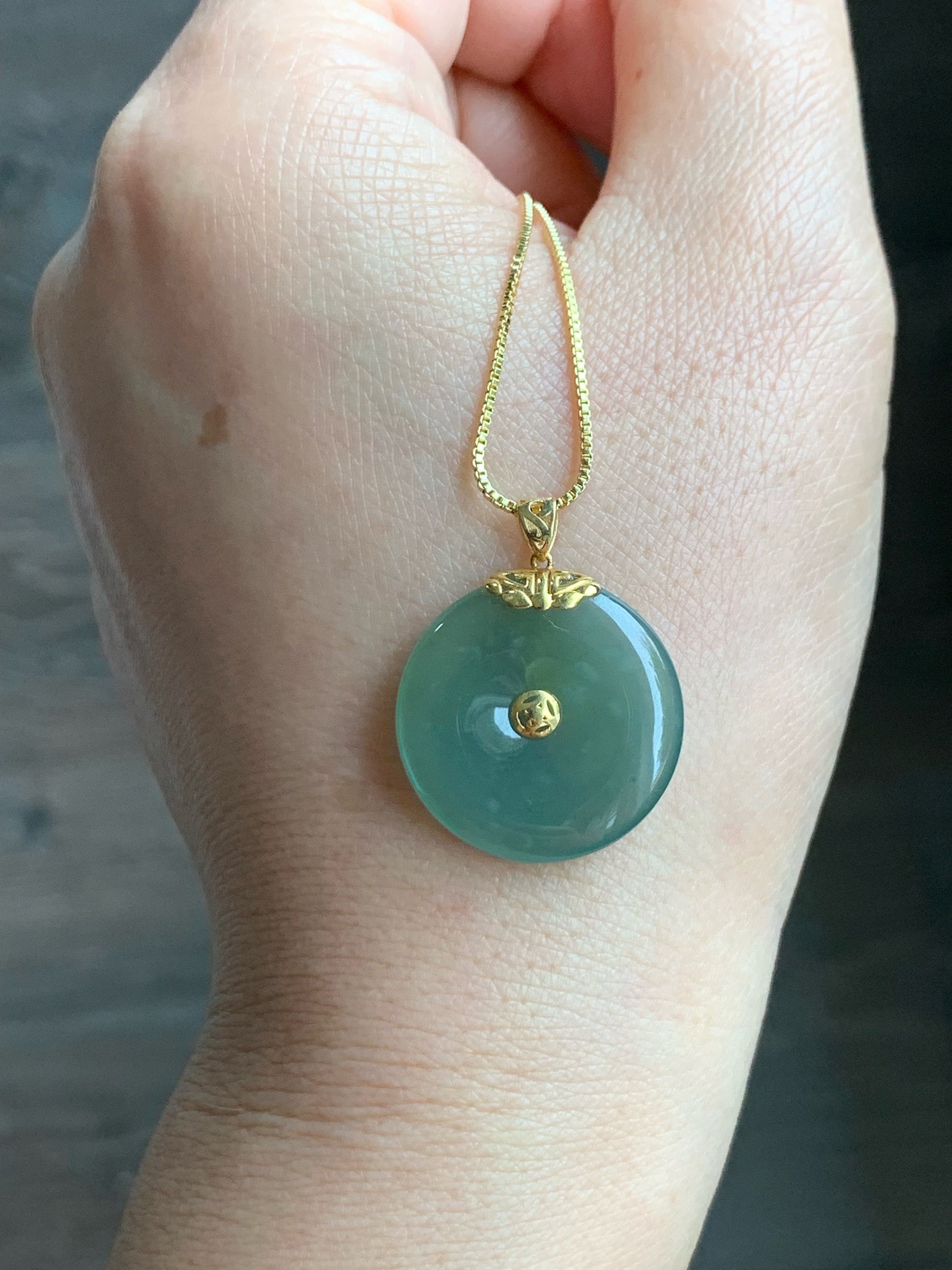 Natural Guatemalan Icy Translucent Teal Green Jadeite Ping An Kou Circle Pendant 18K Yellow Gold Setting 天然冰危冰胶晴绿翡翠平安扣18K镶嵌吊坠