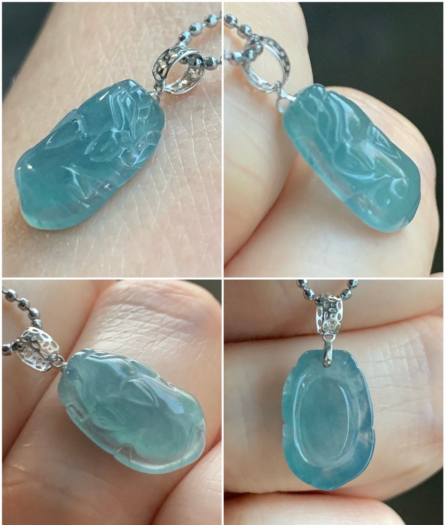 Natural Guatemalan Icy highly Translucent Gelatinous Light Blue Jadeite Pudgy Pixiu Pendant 18K White Gold Bail 天然老种冰危蓝起胶翡翠貔貅K金吊坠 XX117