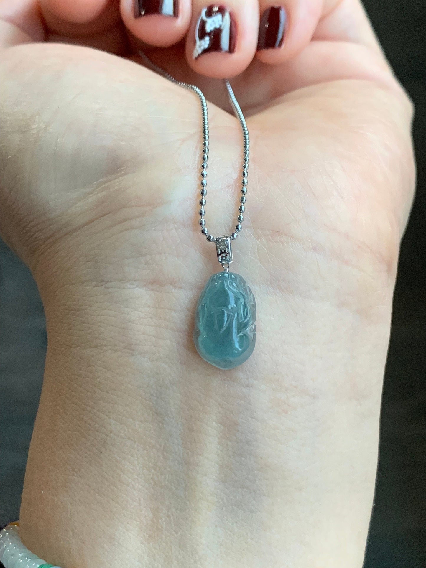 Natural Guatemalan Icy highly Translucent Gelatinous Light Blue Jadeite Pudgy Pixiu Pendant 18K White Gold Bail 天然老种冰危蓝起胶翡翠貔貅K金吊坠 XX117