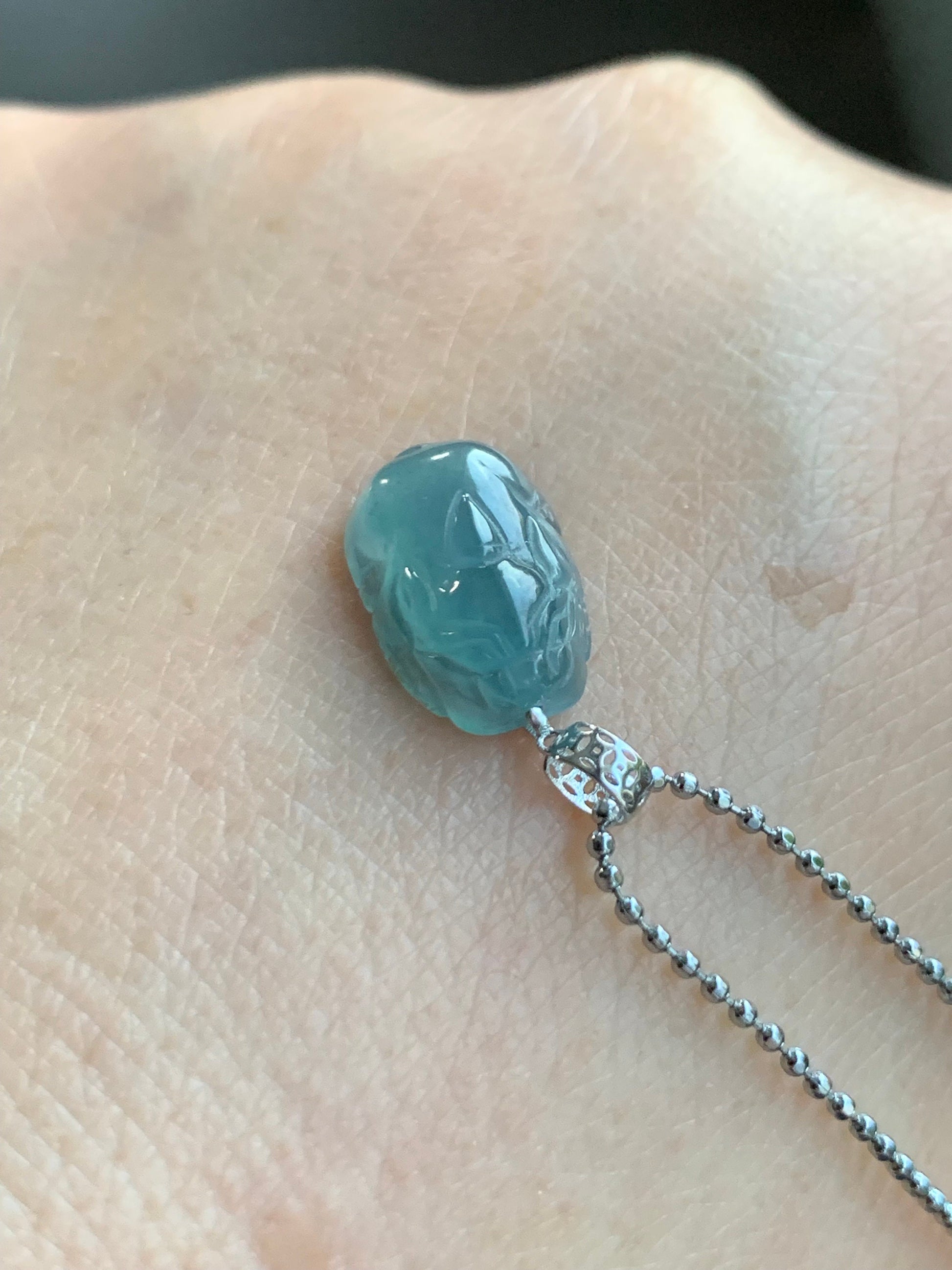 Natural Guatemalan Icy highly Translucent Gelatinous Light Blue Jadeite Pudgy Pixiu Pendant 18K White Gold Bail 天然老种冰危蓝起胶翡翠貔貅K金吊坠 XX117