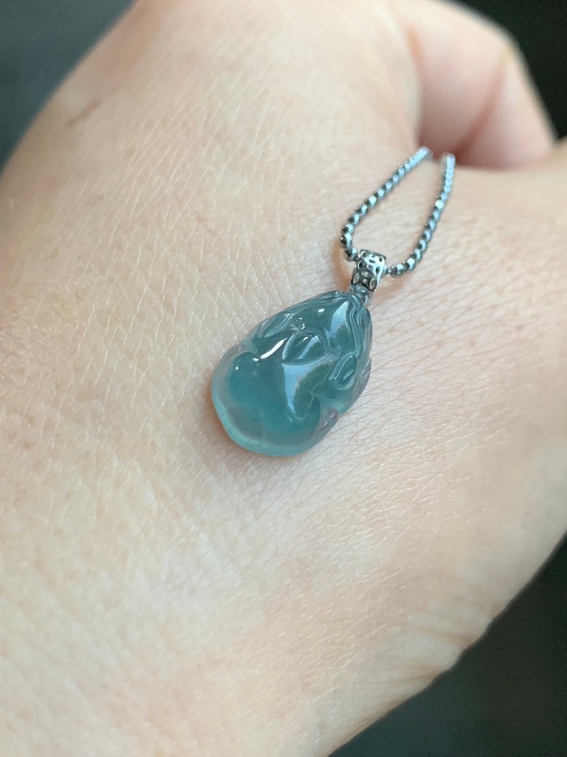 Natural Guatemalan Icy highly Translucent Gelatinous Light Blue Jadeite Pudgy Pixiu Pendant 18K White Gold Bail 天然老种冰危蓝起胶翡翠貔貅K金吊坠 XX117