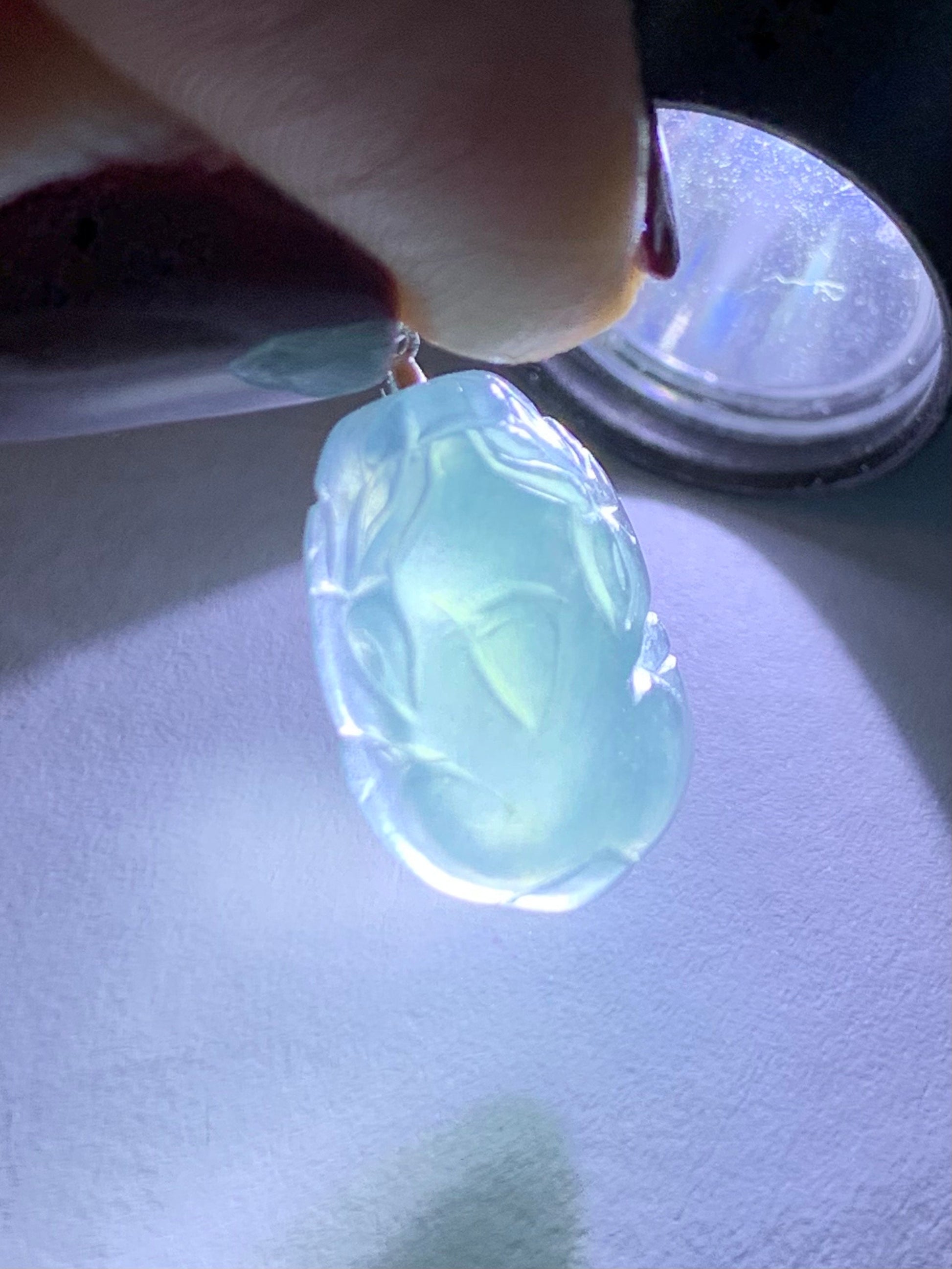 Natural Guatemalan Icy highly Translucent Gelatinous Light Blue Jadeite Pudgy Pixiu Pendant 18K White Gold Bail 天然老种冰危蓝起胶翡翠貔貅K金吊坠 XX117