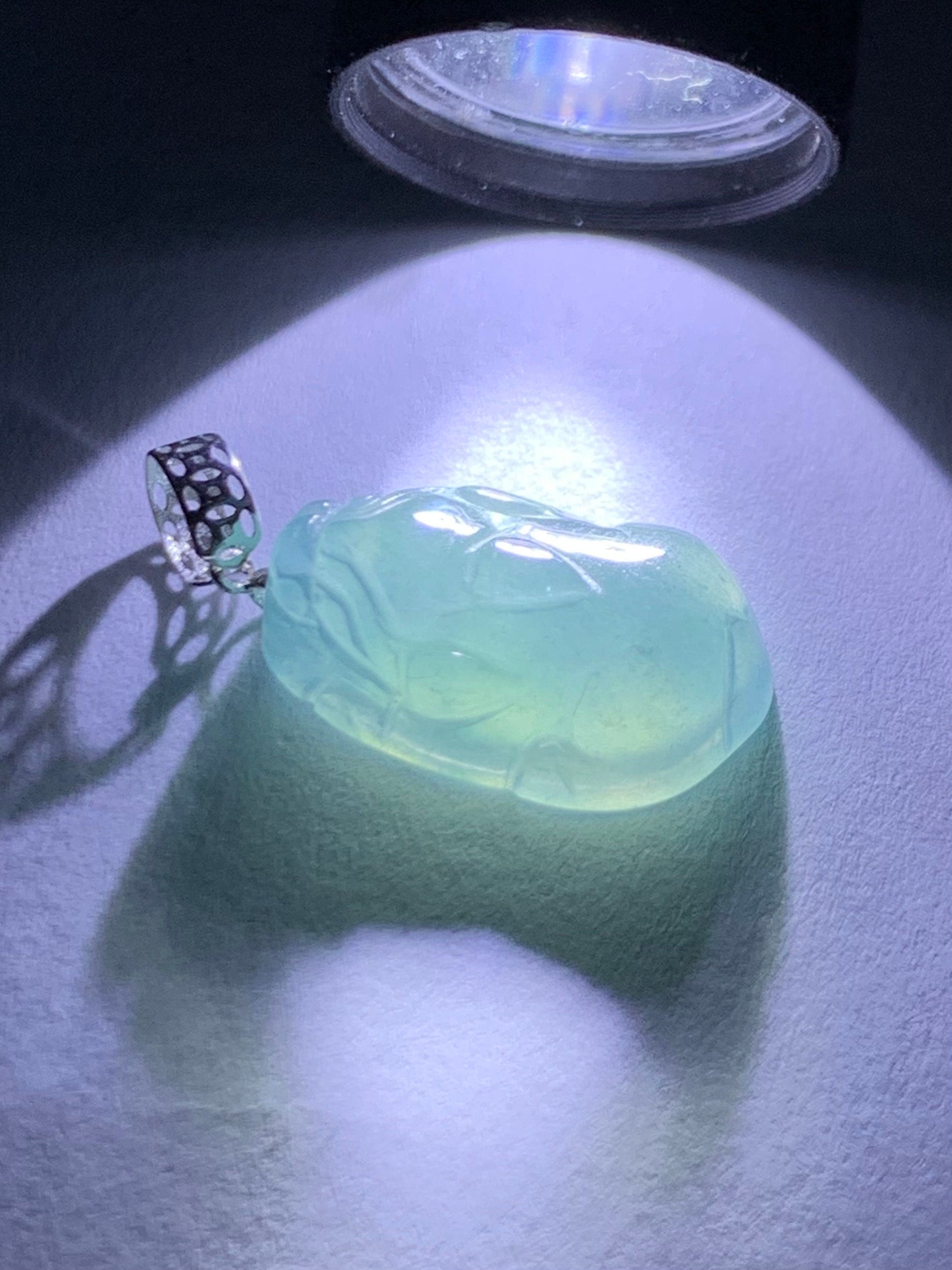 Natural Guatemalan Icy highly Translucent Gelatinous Light Blue Jadeite Pudgy Pixiu Pendant 18K White Gold Bail 天然老种冰危蓝起胶翡翠貔貅K金吊坠 XX117