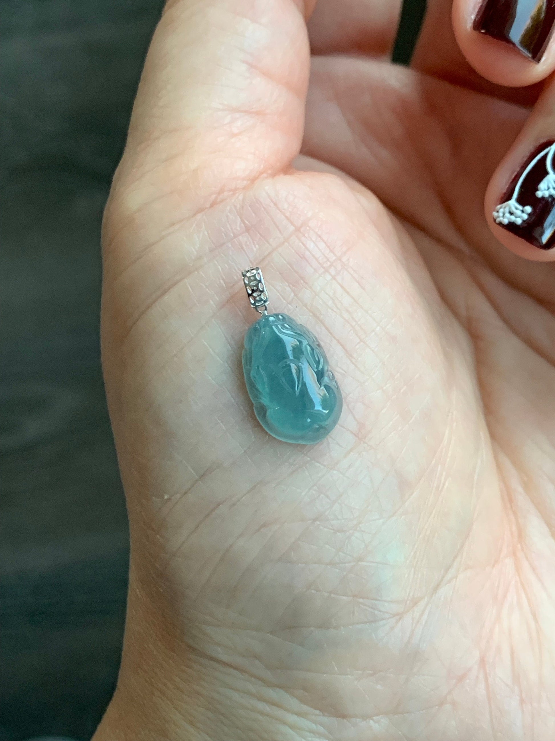 Natural Guatemalan Icy highly Translucent Gelatinous Light Blue Jadeite Pudgy Pixiu Pendant 18K White Gold Bail 天然老种冰危蓝起胶翡翠貔貅K金吊坠 XX117