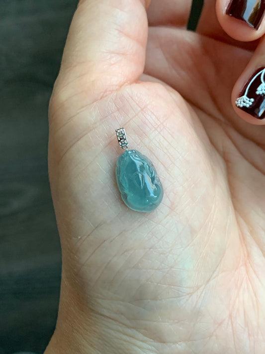 Natural Guatemalan Icy highly Translucent Gelatinous Light Blue Jadeite Pudgy Pixiu Pendant 18K White Gold Bail 天然老种冰危蓝起胶翡翠貔貅K金吊坠 XX117