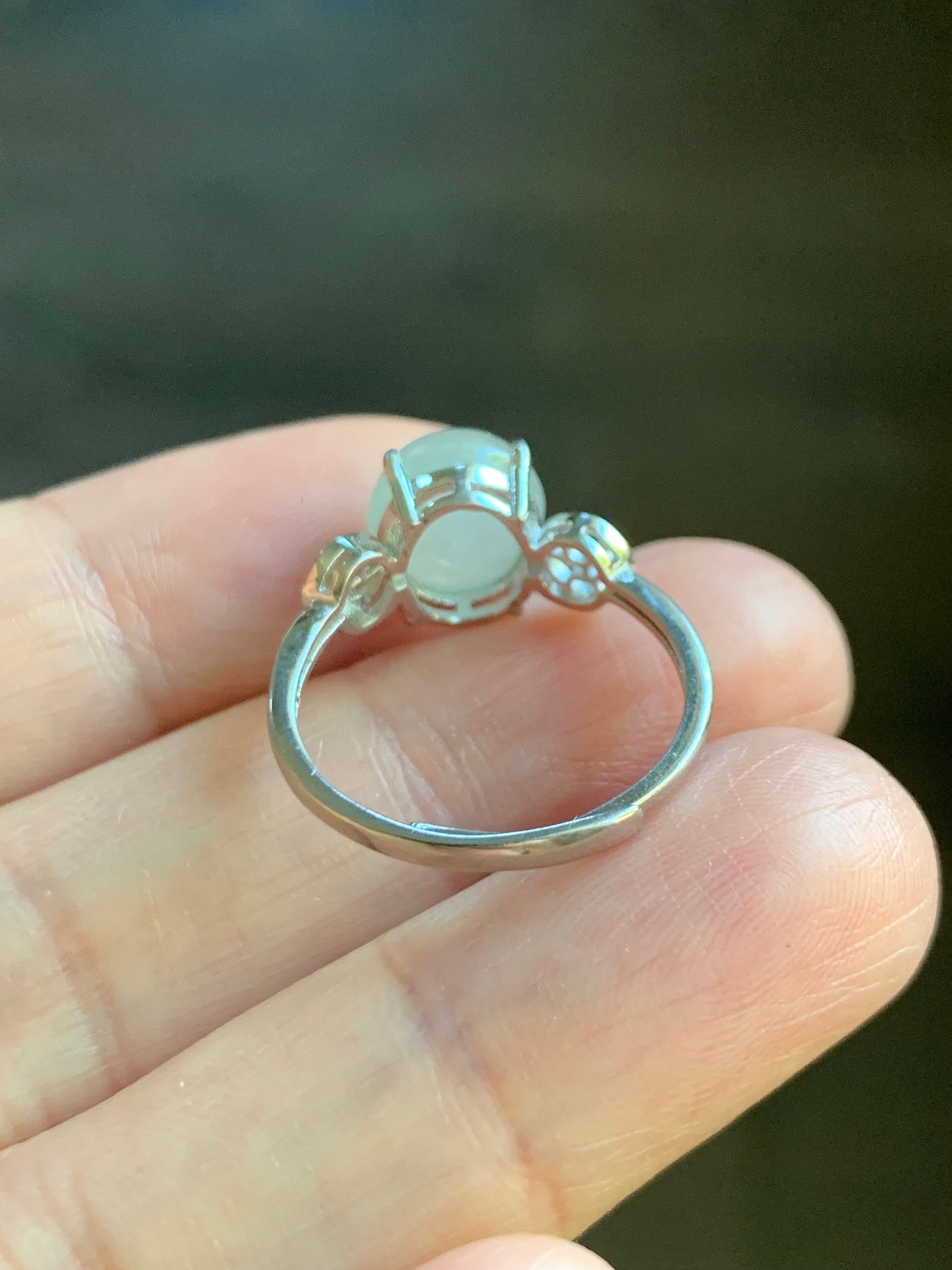 Natural Burmese Icy Translucent White Jadeite Oval Cabochon Solitaire Ring S925 Sterling Silver Size 6.25 天然缅甸白冰翡翠蛋面银镶戒指 MY50A