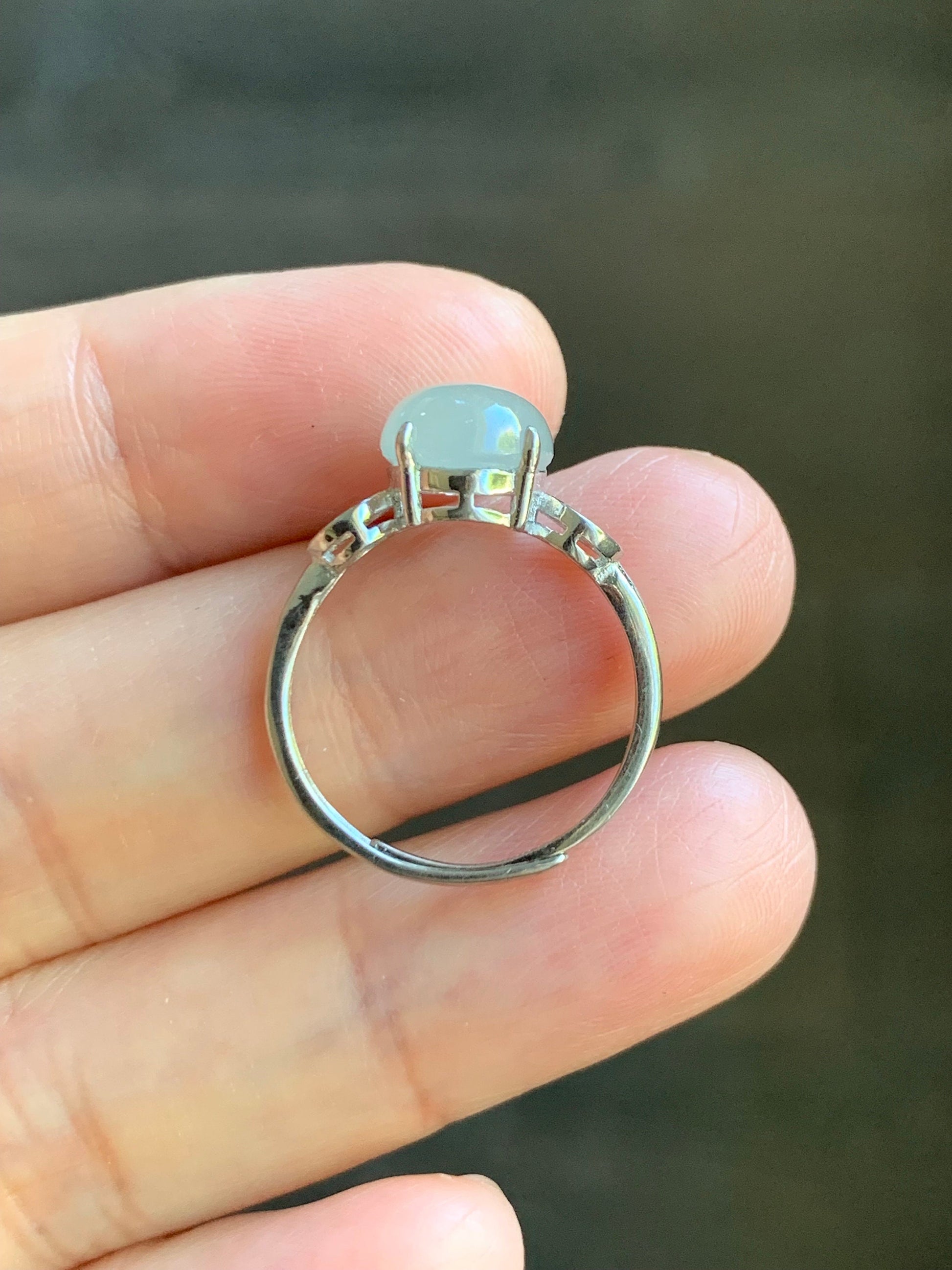 Natural Burmese Icy Translucent White Jadeite Oval Cabochon Solitaire Ring S925 Sterling Silver Size 6.25 天然缅甸白冰翡翠蛋面银镶戒指 MY50A