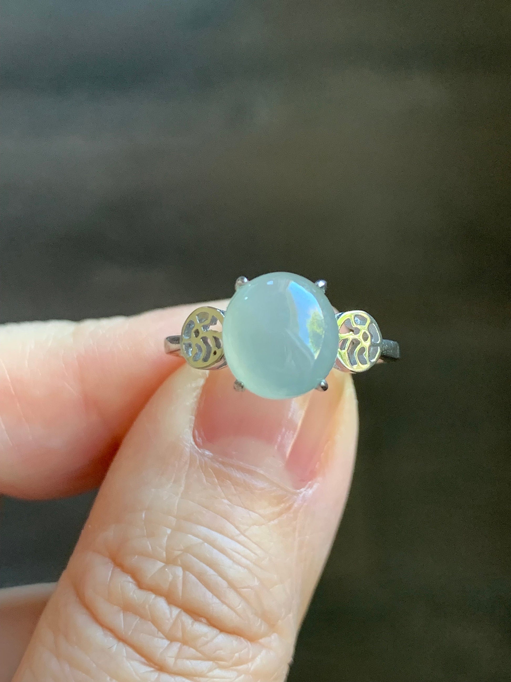 Natural Burmese Icy Translucent White Jadeite Oval Cabochon Solitaire Ring S925 Sterling Silver Size 6.25 天然缅甸白冰翡翠蛋面银镶戒指 MY50A