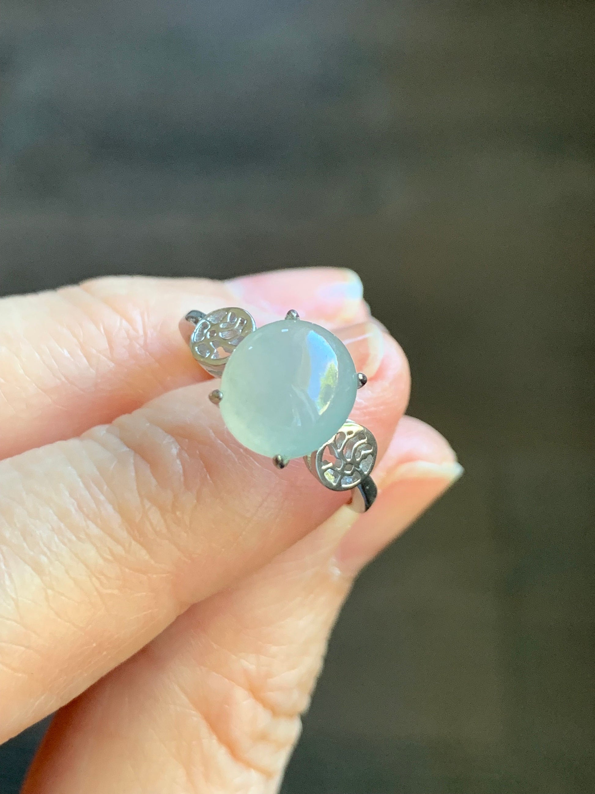 Natural Burmese Icy Translucent White Jadeite Oval Cabochon Solitaire Ring S925 Sterling Silver Size 6.25 天然缅甸白冰翡翠蛋面银镶戒指 MY50A