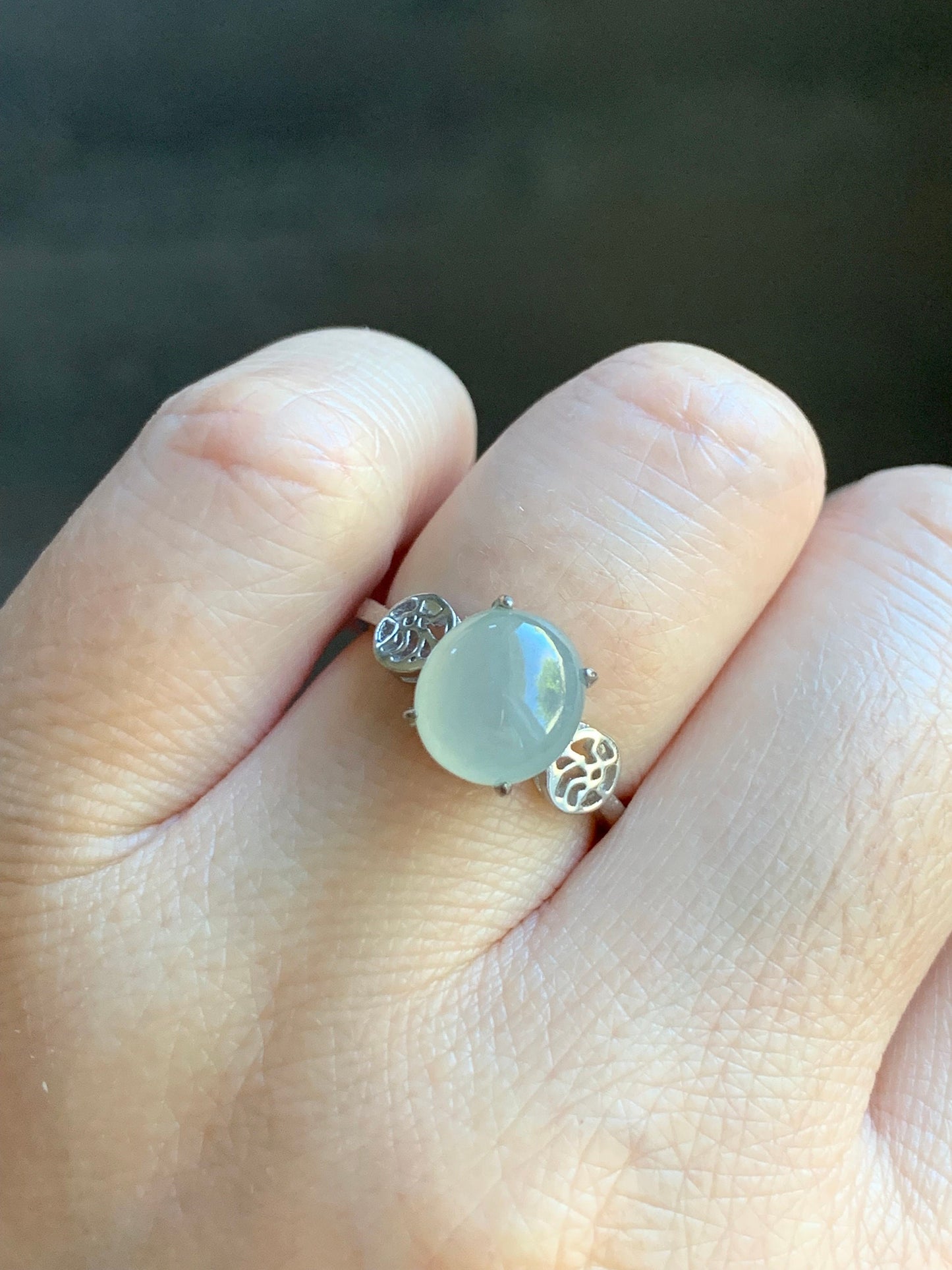 Natural Burmese Icy Translucent White Jadeite Oval Cabochon Solitaire Ring S925 Sterling Silver Size 6.25 天然缅甸白冰翡翠蛋面银镶戒指 MY50A