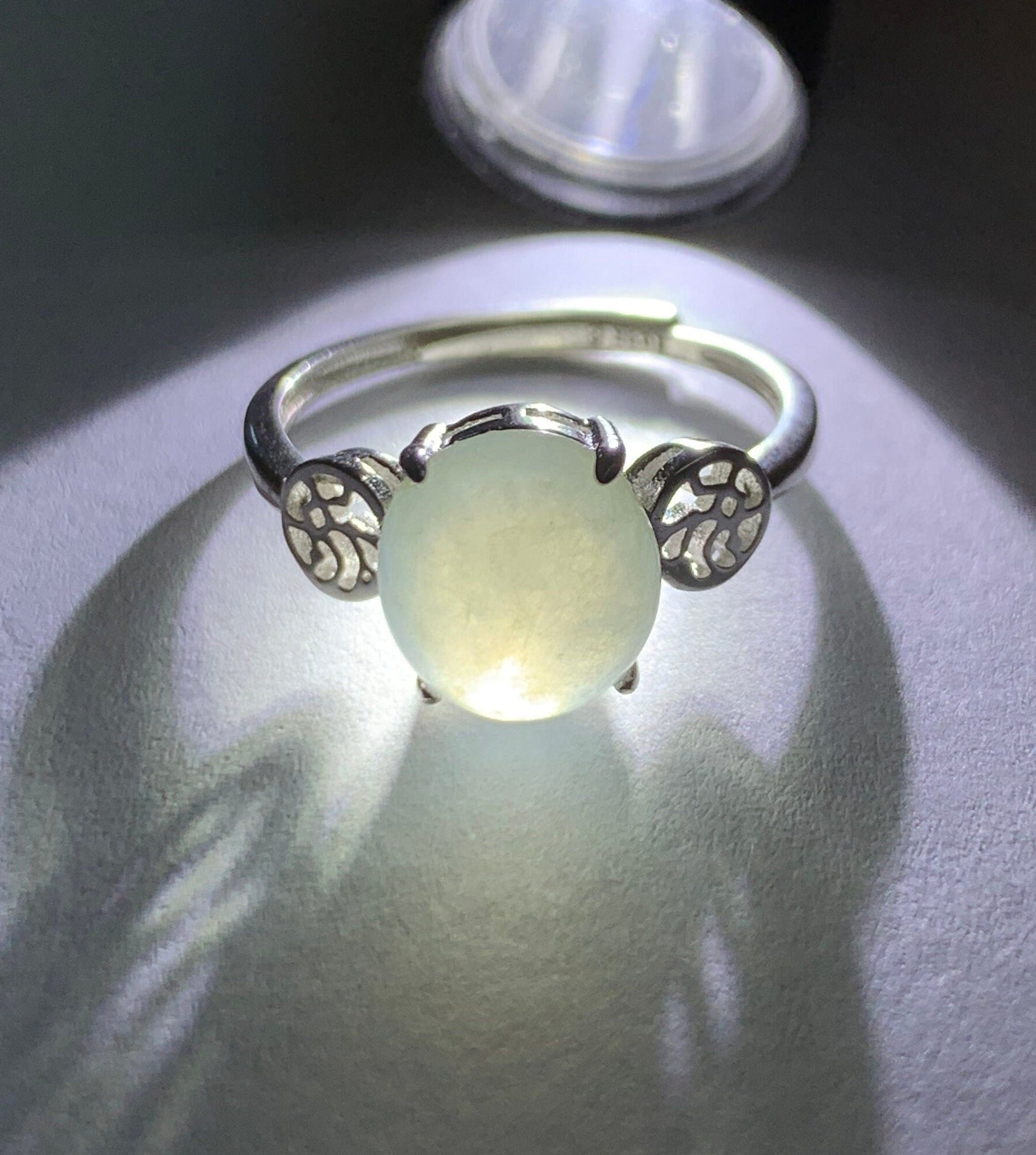Natural Burmese Icy Translucent White Jadeite Oval Cabochon Solitaire Ring S925 Sterling Silver Size 6.25 天然缅甸白冰翡翠蛋面银镶戒指 MY50A