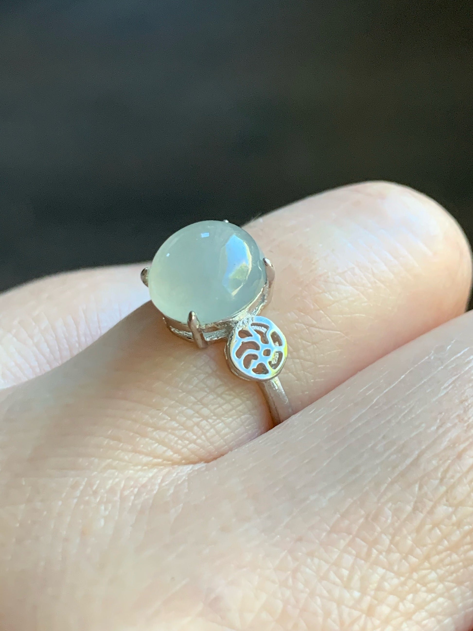 Natural Burmese Icy Translucent White Jadeite Oval Cabochon Solitaire Ring S925 Sterling Silver Size 6.25 天然缅甸白冰翡翠蛋面银镶戒指 MY50A
