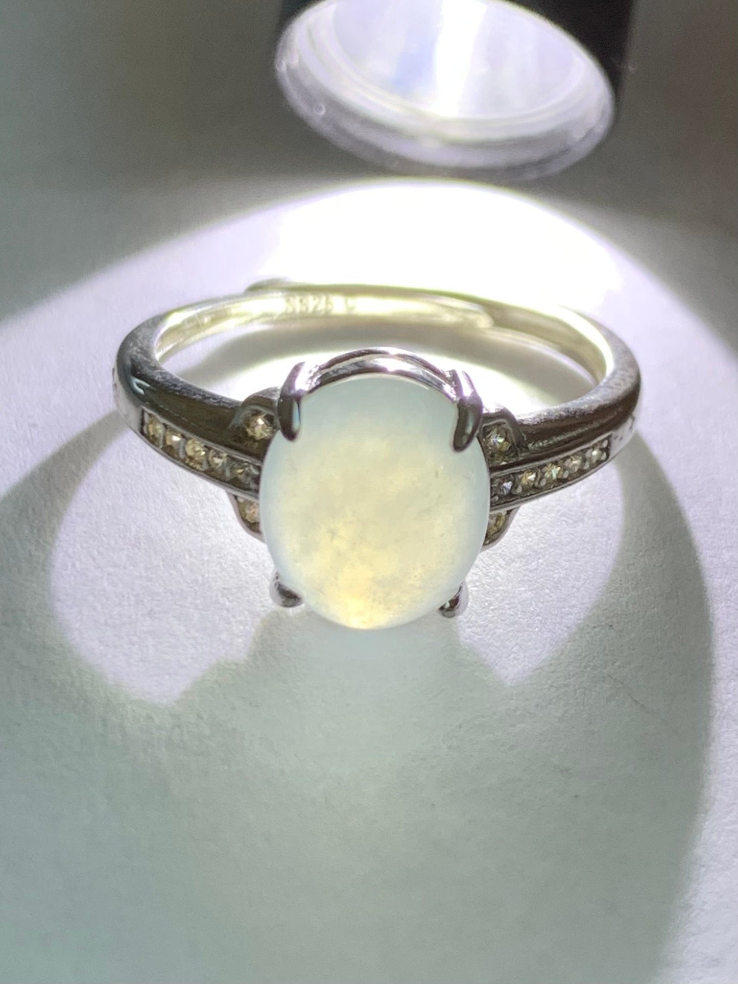 Natural Burmese Icy Translucent White Jadeite Oval Cabochon Solitaire Ring S925 Sterling Silver Size 5.75 天然缅甸白冰翡翠蛋面银镶戒指 MY50C