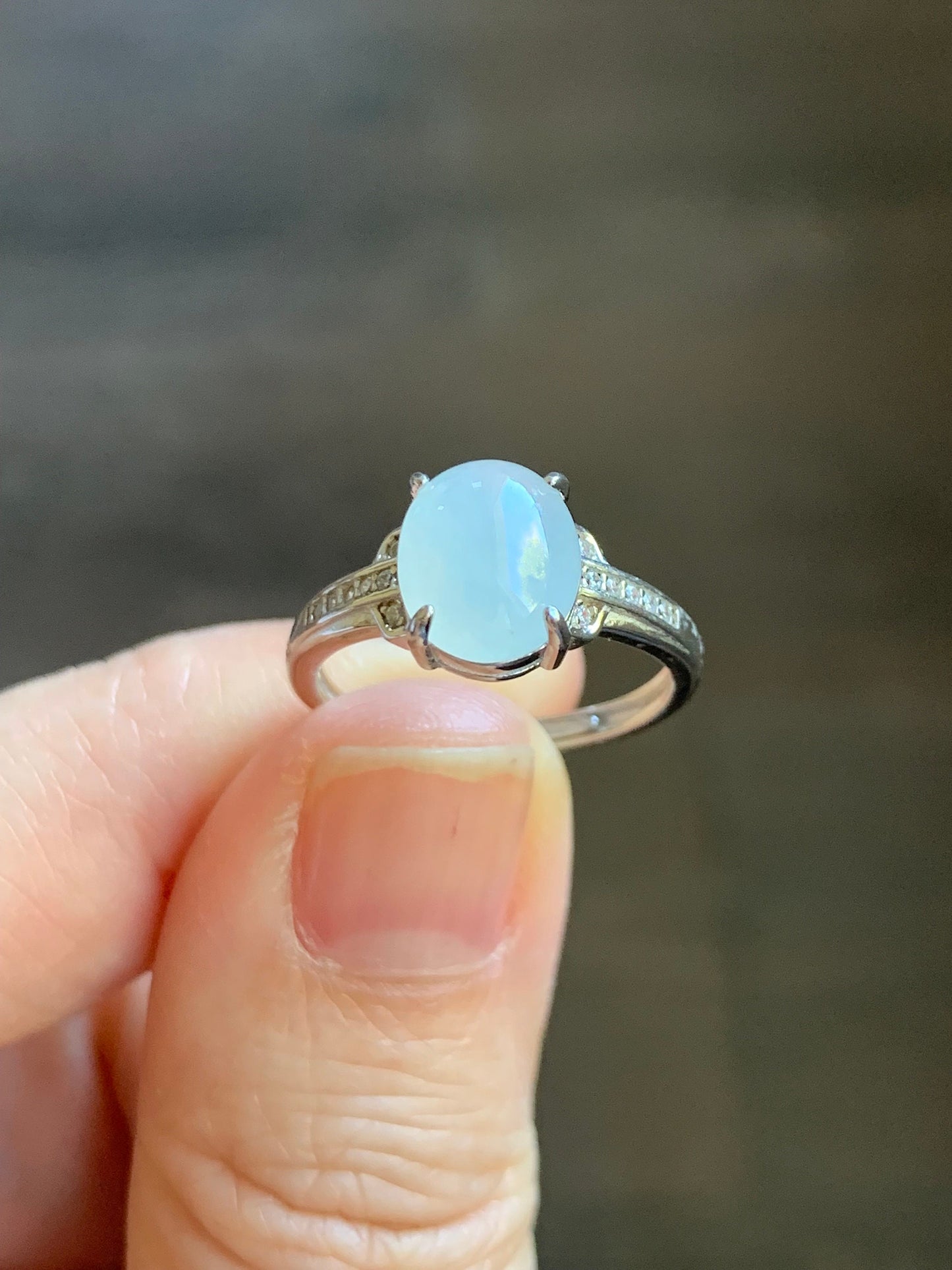 Natural Burmese Icy Translucent White Jadeite Oval Cabochon Solitaire Ring S925 Sterling Silver Size 5.75 天然缅甸白冰翡翠蛋面银镶戒指 MY50C