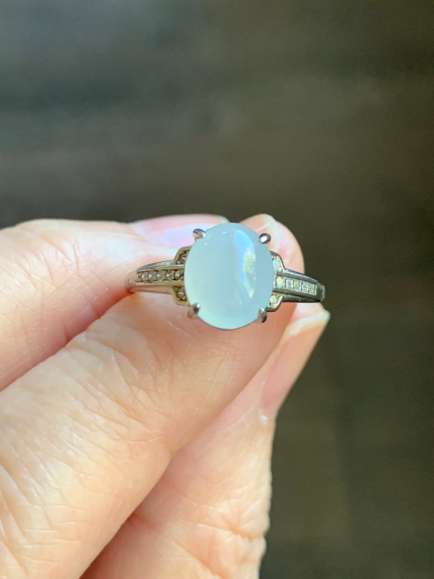 Natural Burmese Icy Translucent White Jadeite Oval Cabochon Solitaire Ring S925 Sterling Silver Size 5.75 天然缅甸白冰翡翠蛋面银镶戒指 MY50C