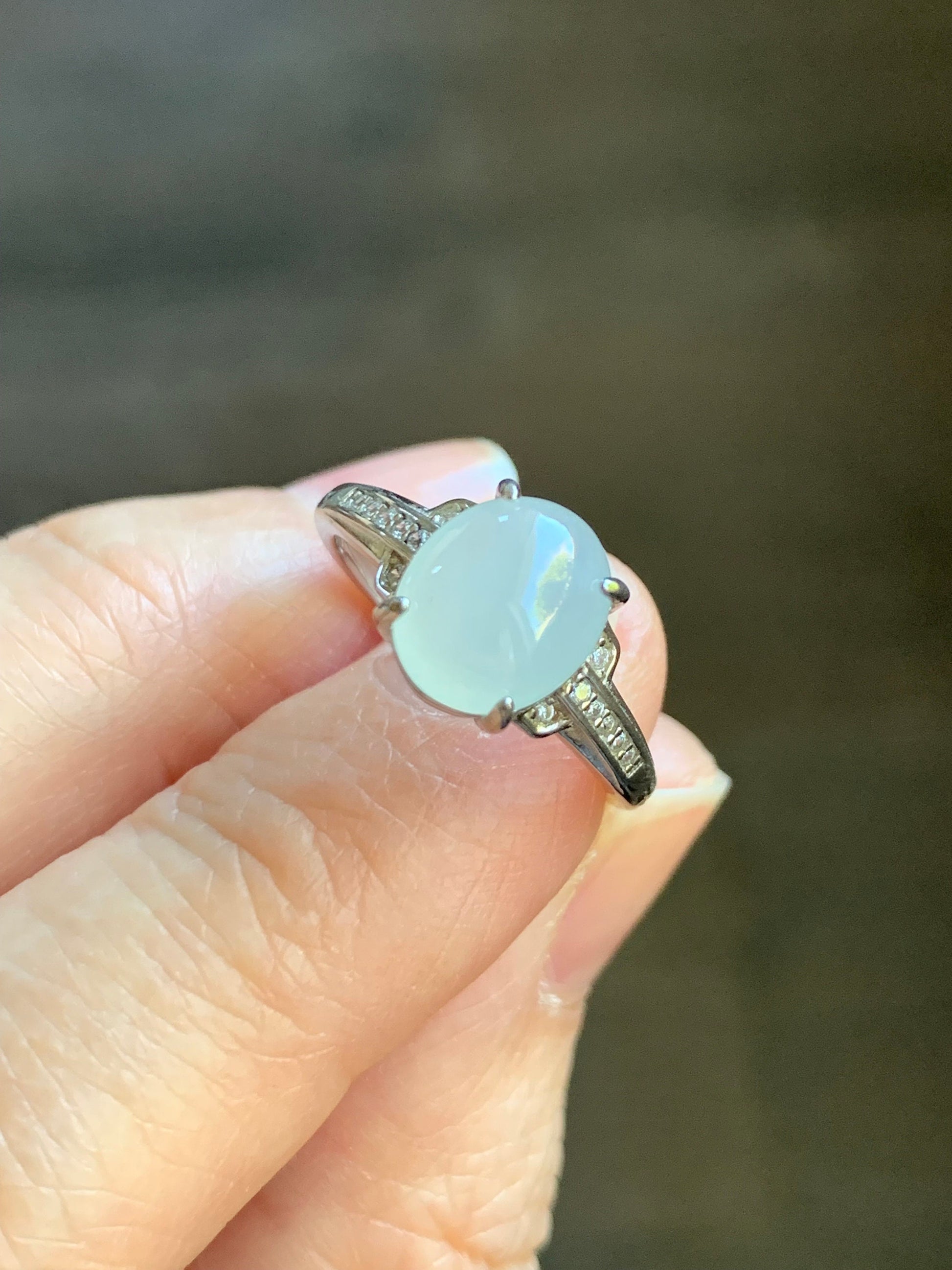 Natural Burmese Icy Translucent White Jadeite Oval Cabochon Solitaire Ring S925 Sterling Silver Size 5.75 天然缅甸白冰翡翠蛋面银镶戒指 MY50C