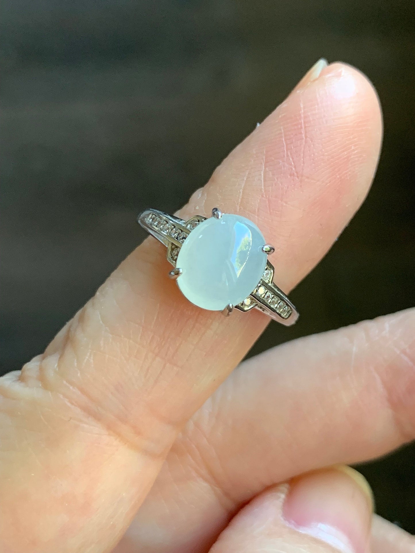 Natural Burmese Icy Translucent White Jadeite Oval Cabochon Solitaire Ring S925 Sterling Silver Size 5.75 天然缅甸白冰翡翠蛋面银镶戒指 MY50C