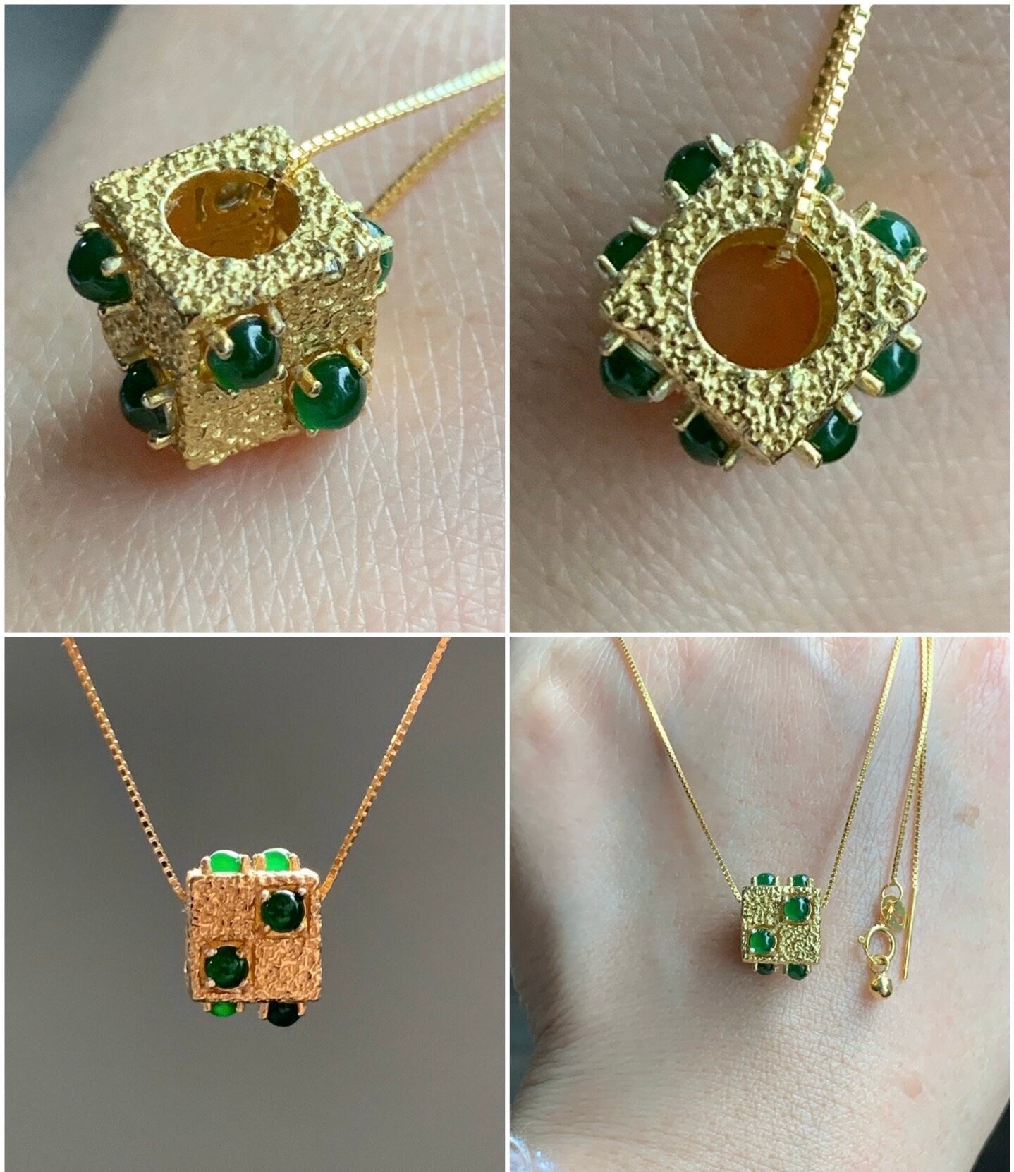 Natural Guatemalan Icy Highly Translucent Vibrant Green Jadeite Cube Pendant Necklace Sterling Silver YG Finish 16.5” 天然高冰危绿翡翠方块银镶锁骨链套链