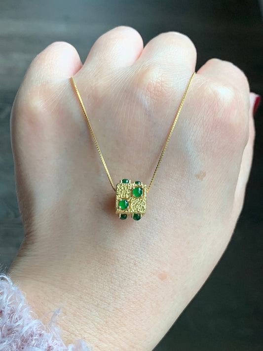 Natural Guatemalan Icy Highly Translucent Vibrant Green Jadeite Cube Pendant Necklace Sterling Silver YG Finish 16.5” 天然高冰危绿翡翠方块银镶锁骨链套链