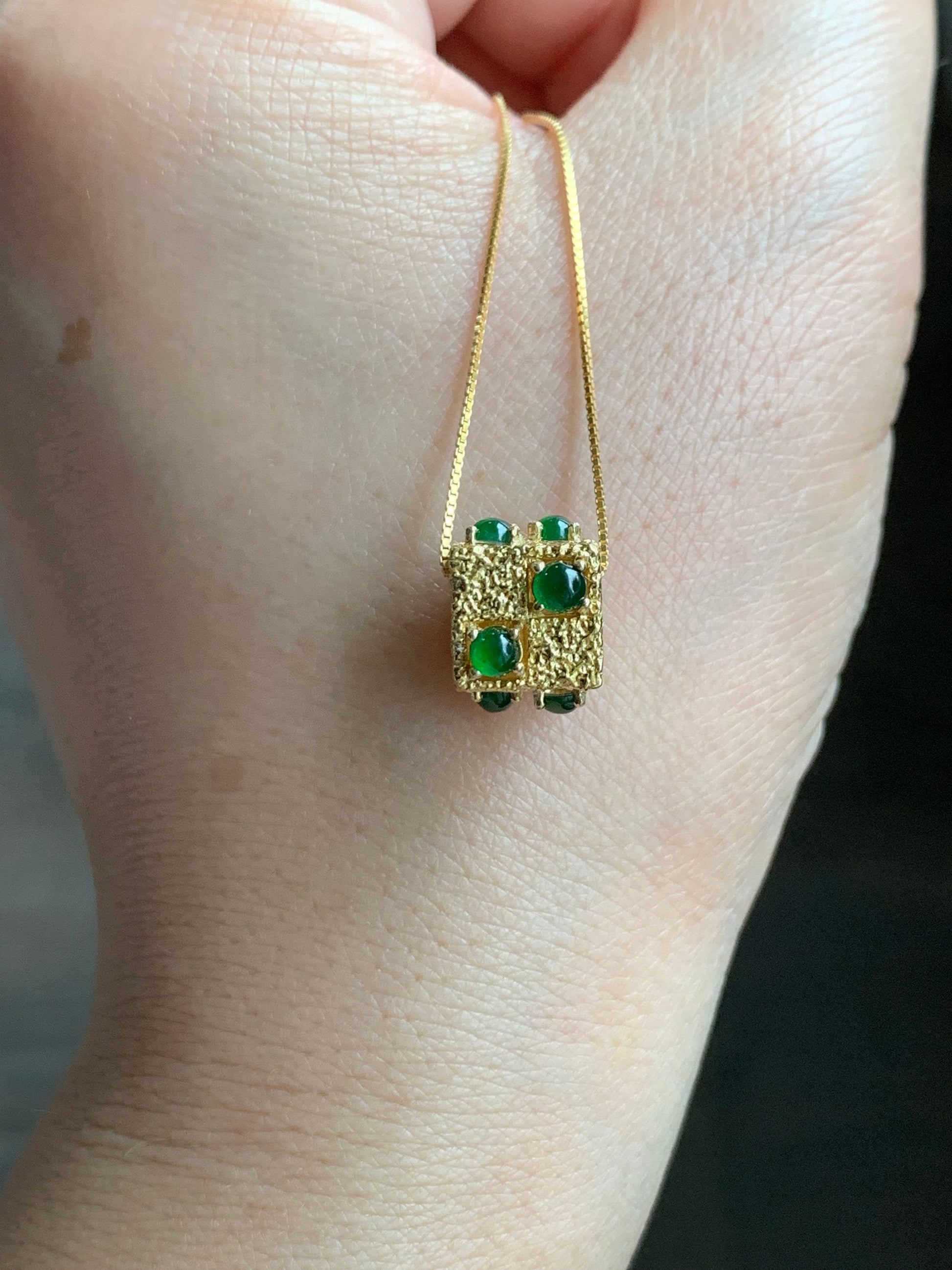 Natural Guatemalan Icy Highly Translucent Vibrant Green Jadeite Cube Pendant Necklace Sterling Silver YG Finish 16.5” 天然高冰危绿翡翠方块银镶锁骨链套链