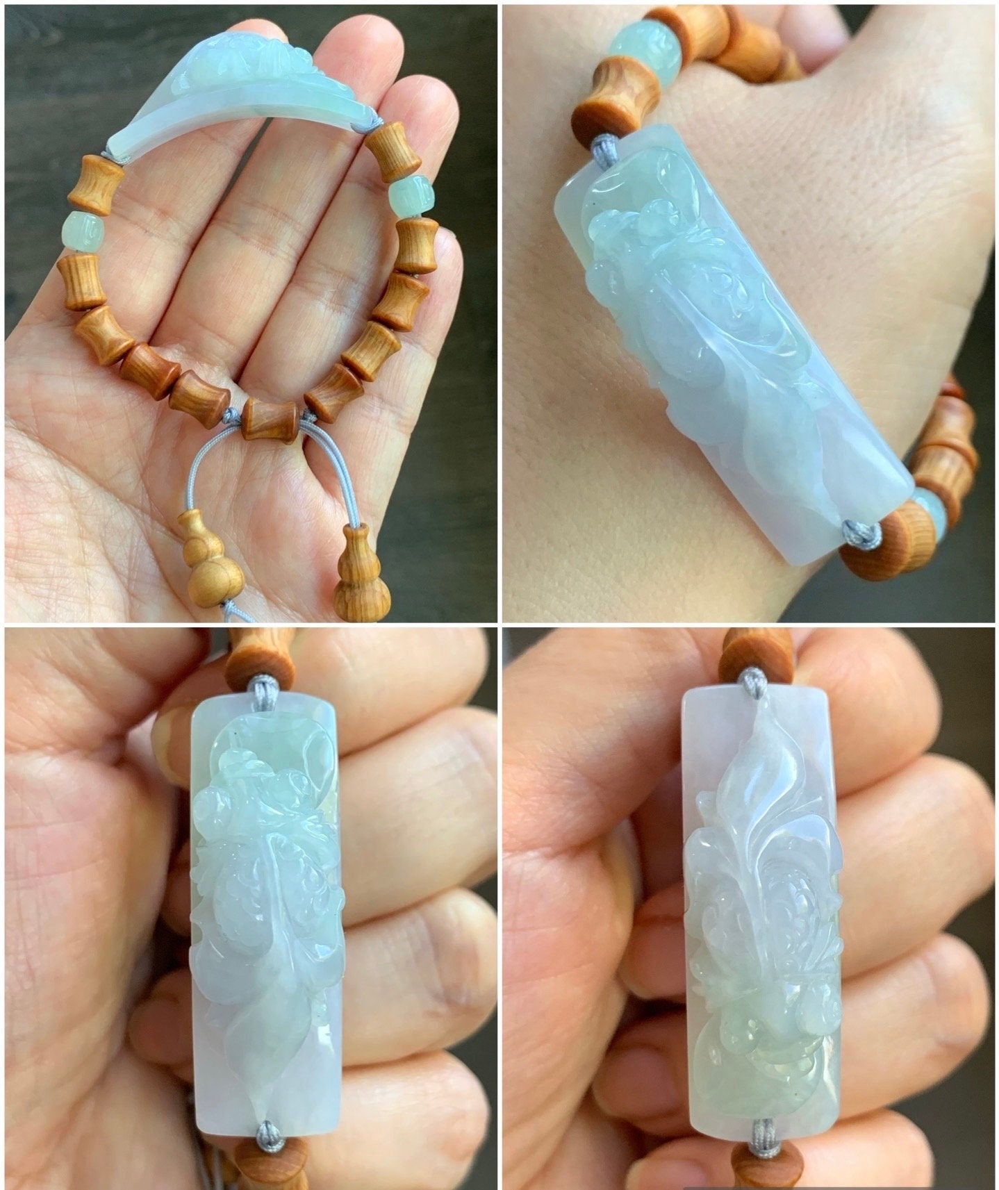 Natural Burmese Icy Translucent Light Purple Green Marbled Jadeite Carved Goldfish YaBai Bamboo Beads Bracelet 6.5” 天然缅甸冰胶淡春彩翡翠金鱼手牌崖柏木珠手串