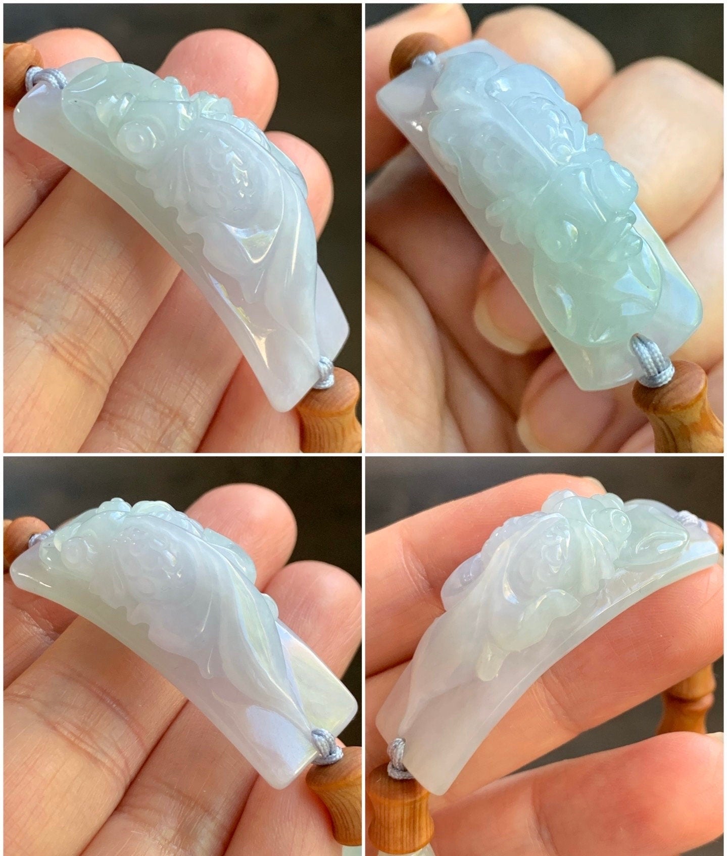 Natural Burmese Icy Translucent Light Purple Green Marbled Jadeite Carved Goldfish YaBai Bamboo Beads Bracelet 6.5” 天然缅甸冰胶淡春彩翡翠金鱼手牌崖柏木珠手串