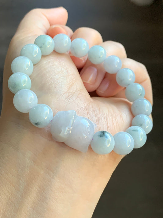 LARGE Natural Burmese A Graded Icy Green Marbled Jadeite Beads Pudgy Cat Jadeite Charm Beaded Bracelet 10mm 6.75” 36g 天然缅甸大卡飘花翡翠猫咪珠手串 11724