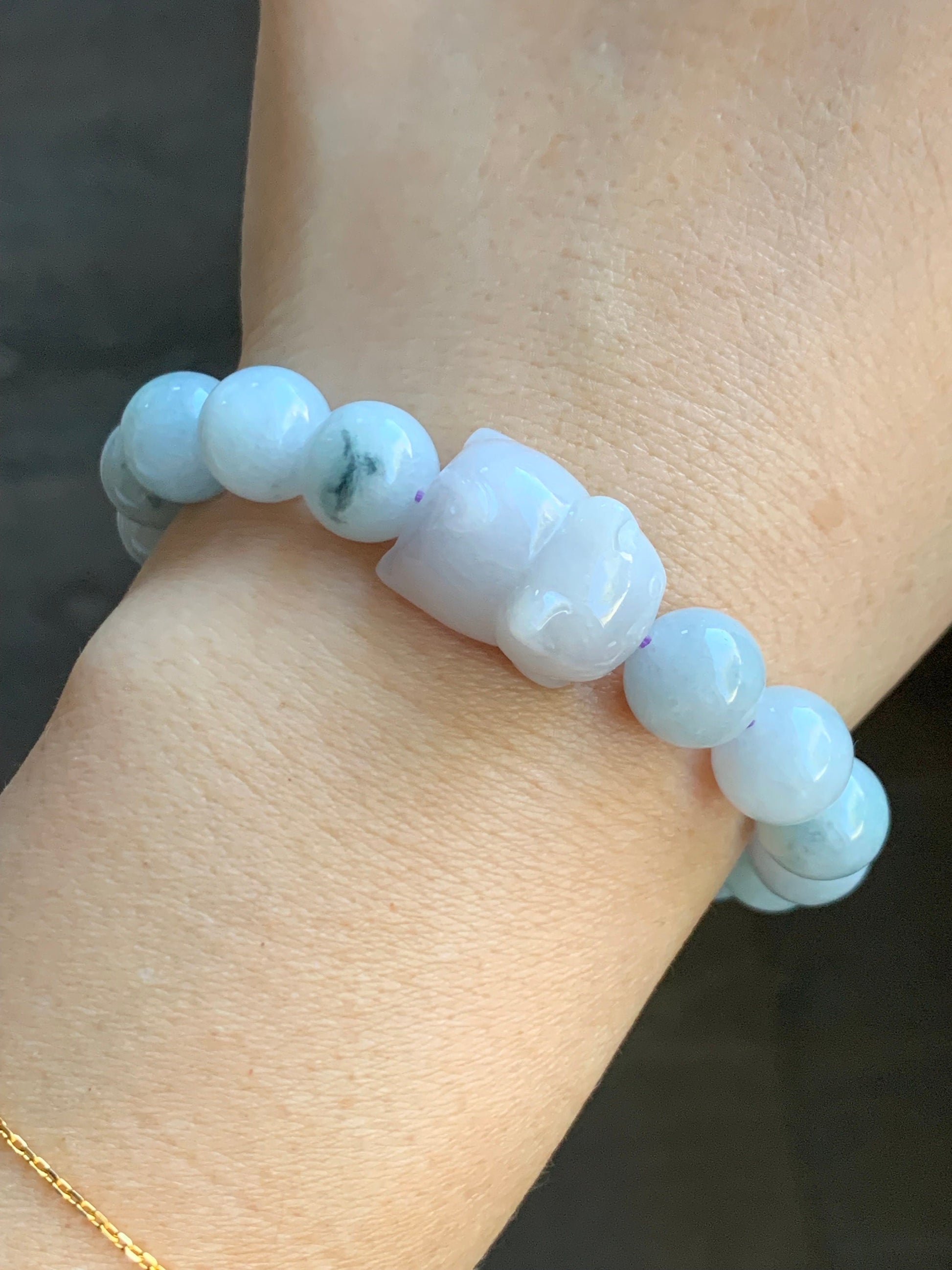 LARGE Natural Burmese A Graded Icy Green Marbled Jadeite Beads Pudgy Cat Jadeite Charm Beaded Bracelet 10mm 6.75” 36g 天然缅甸大卡飘花翡翠猫咪珠手串 11724