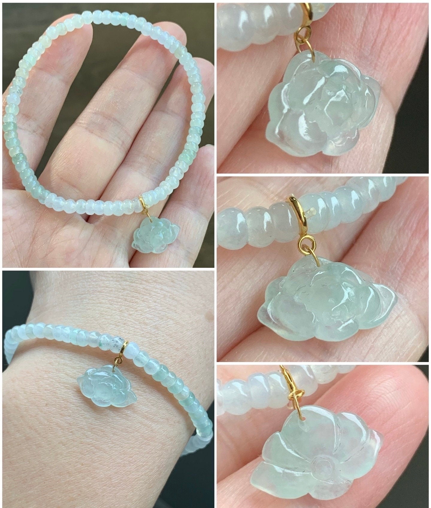 Certified Natural Burmese Premium Icy Jadeite Petite Flat Beads Bracelet Light Green Jadeite Lotus Flower Charm 18K 7.25” 天然缅甸冰胶翡翠算盘珠手串莲花意扣