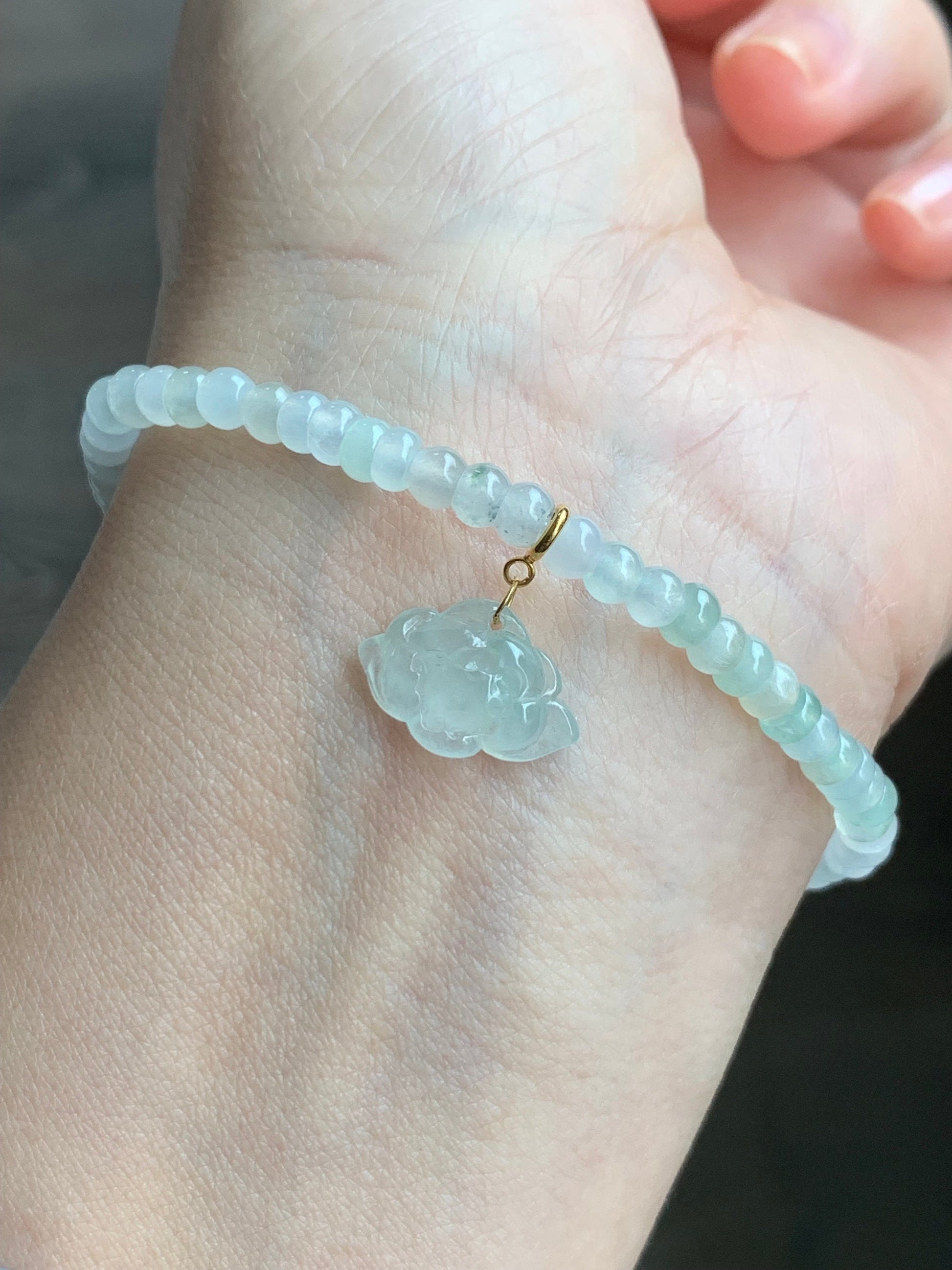 Certified Natural Burmese Premium Icy Jadeite Petite Flat Beads Bracelet Light Green Jadeite Lotus Flower Charm 18K 7.25” 天然缅甸冰胶翡翠算盘珠手串莲花意扣